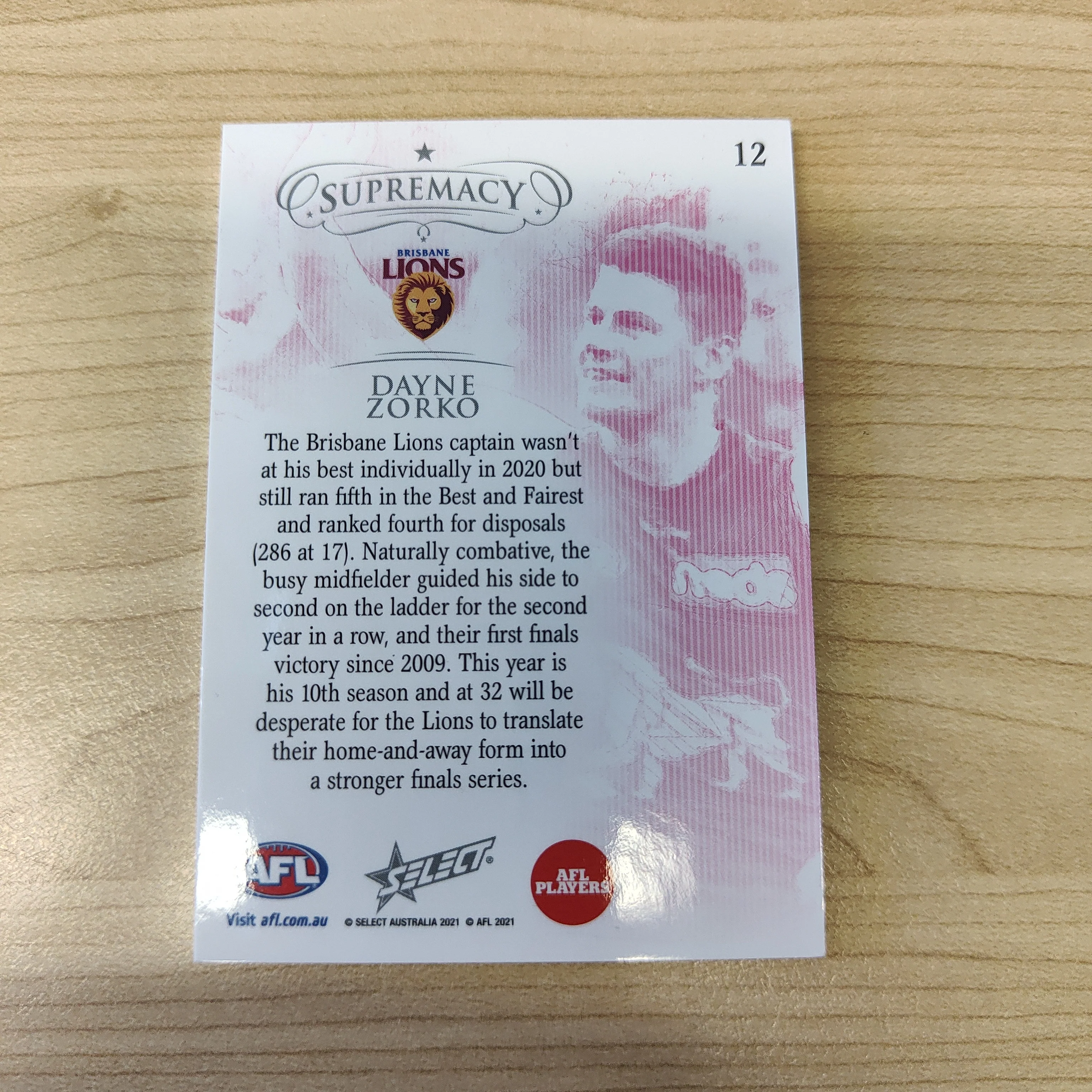 2021 Select Supremacy Silver Base Card Dayne Zorko Brisbane LOW NUMBER 008/135 - Image 2