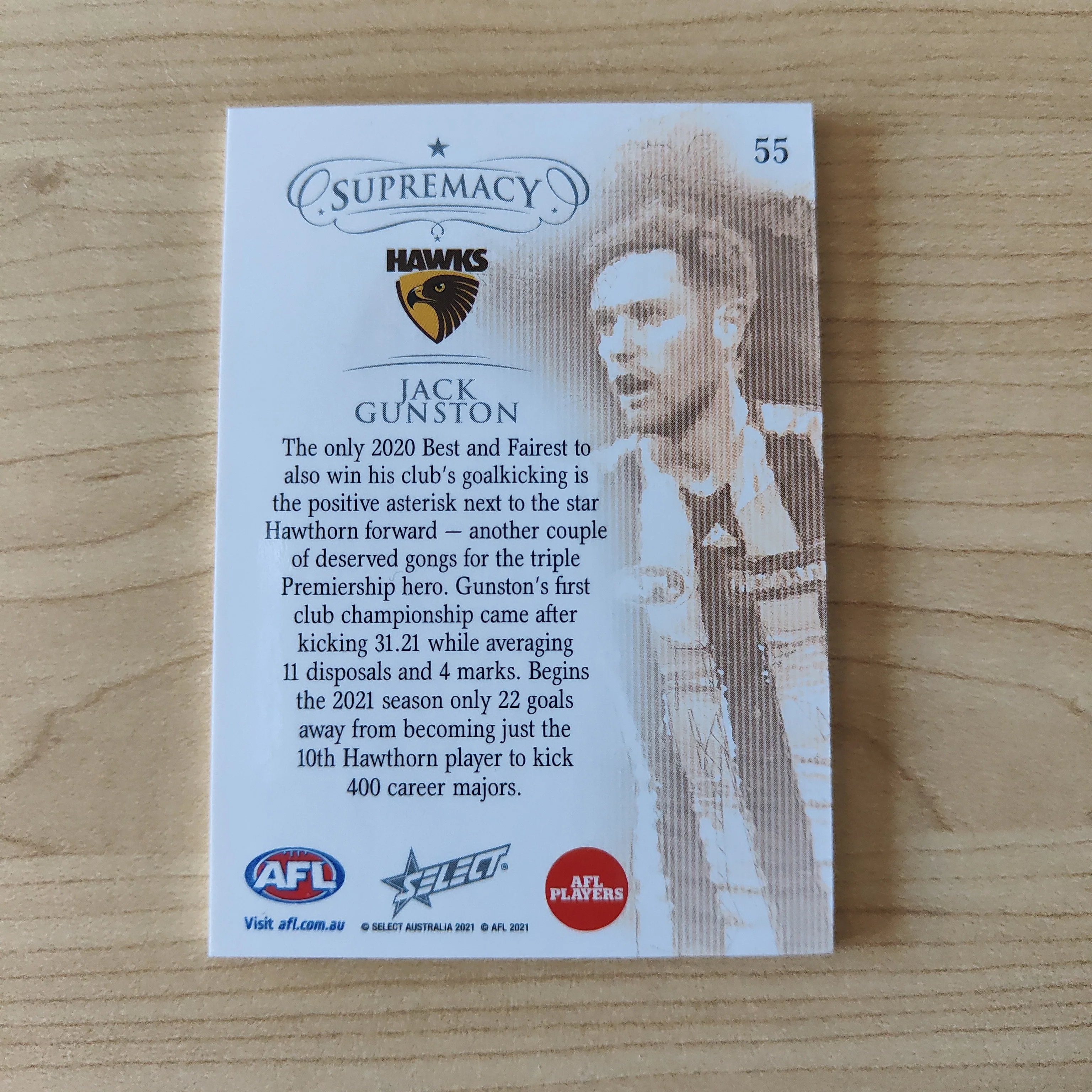 2021 Select Supremacy Silver Base Card Jack Gunston Hawthorn No.027/135 - Image 2