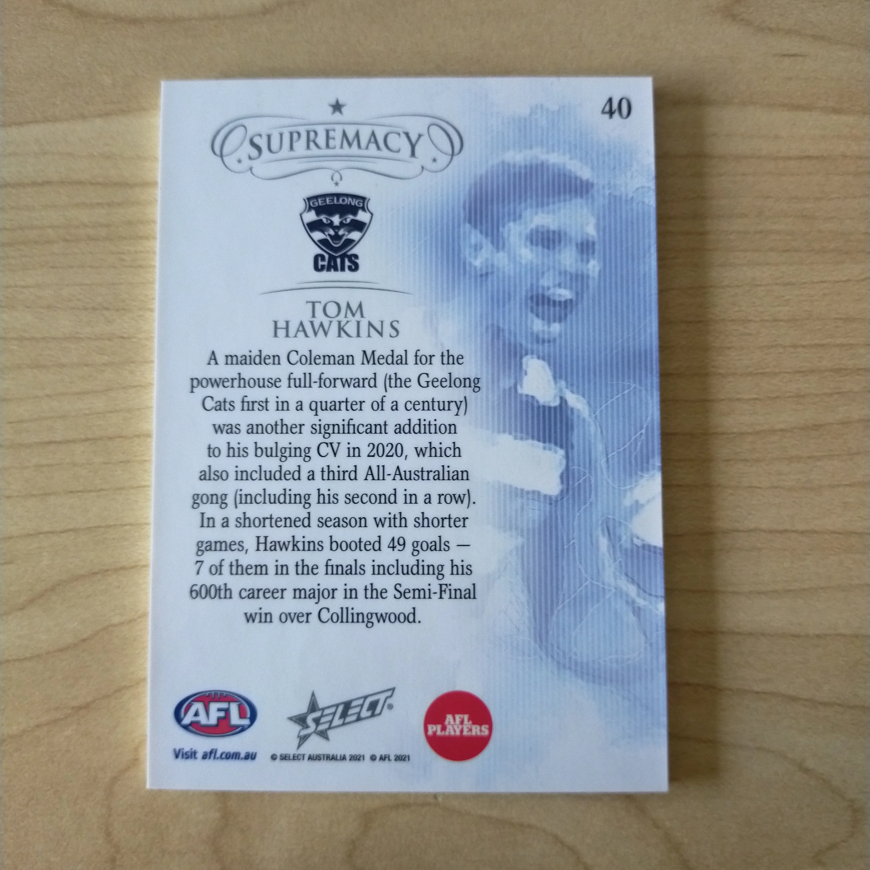 2021 Select Supremacy Red Base Card Tom Hawkins Geelong 35/45 - Image 2