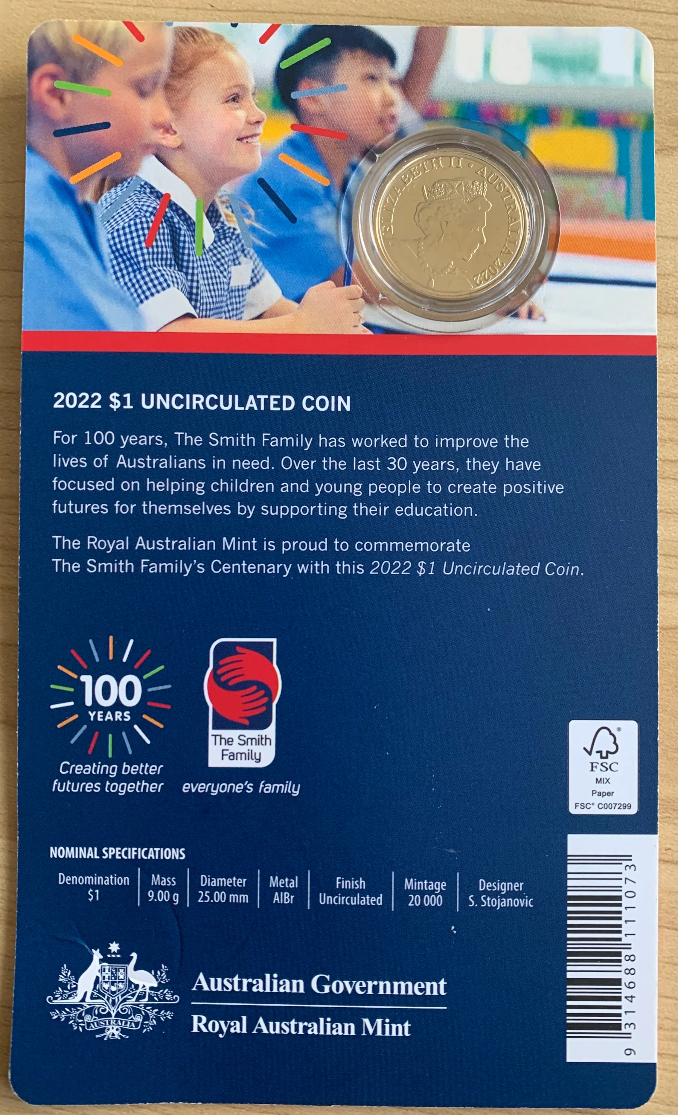 Australia 2022 $1 RAM Centenary of the Smith Family Carded Coin - Image 2