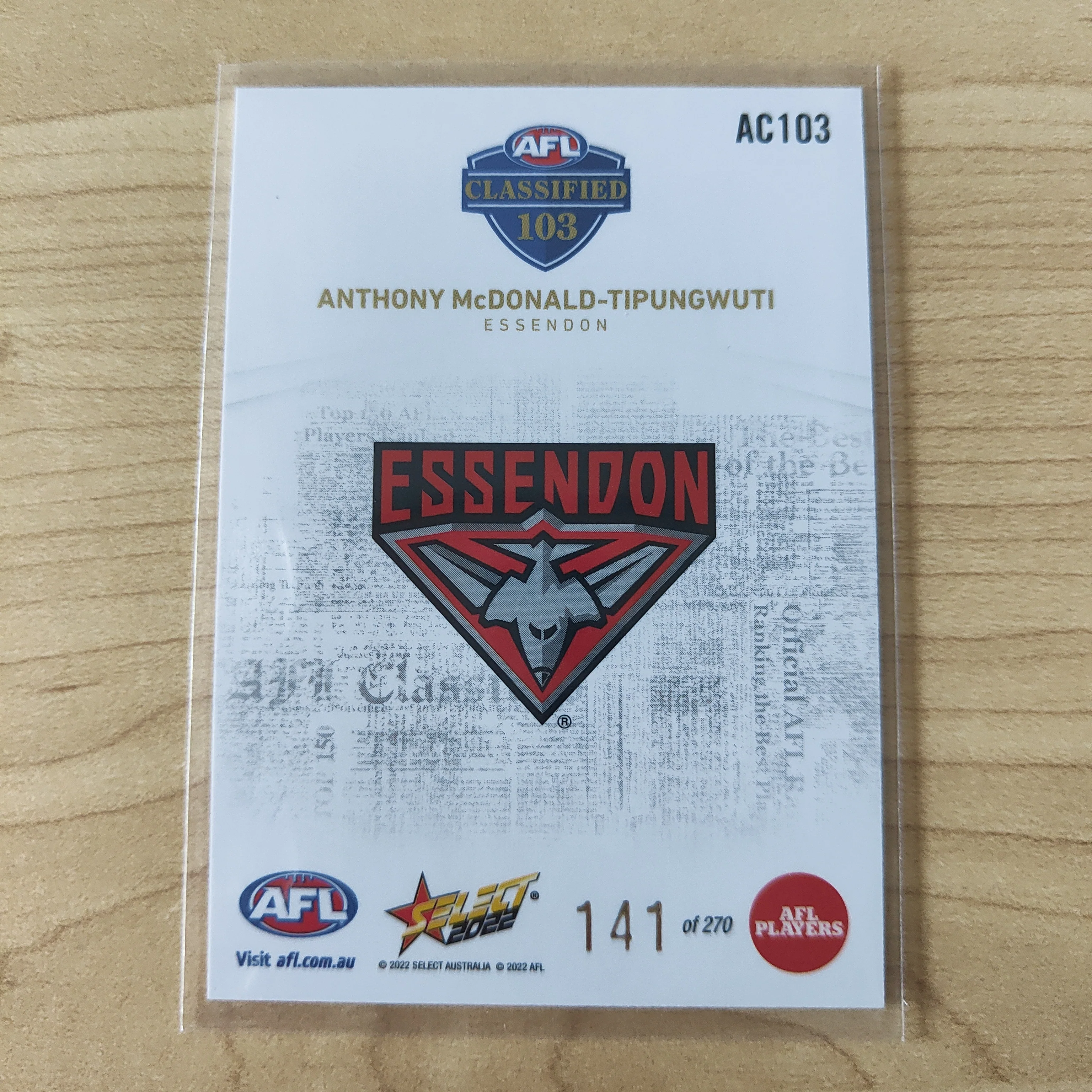 2022 AFL Footy Stars AFL Classified Anthony McDonald-Tipungwuti Essendon 141/270 - Image 2