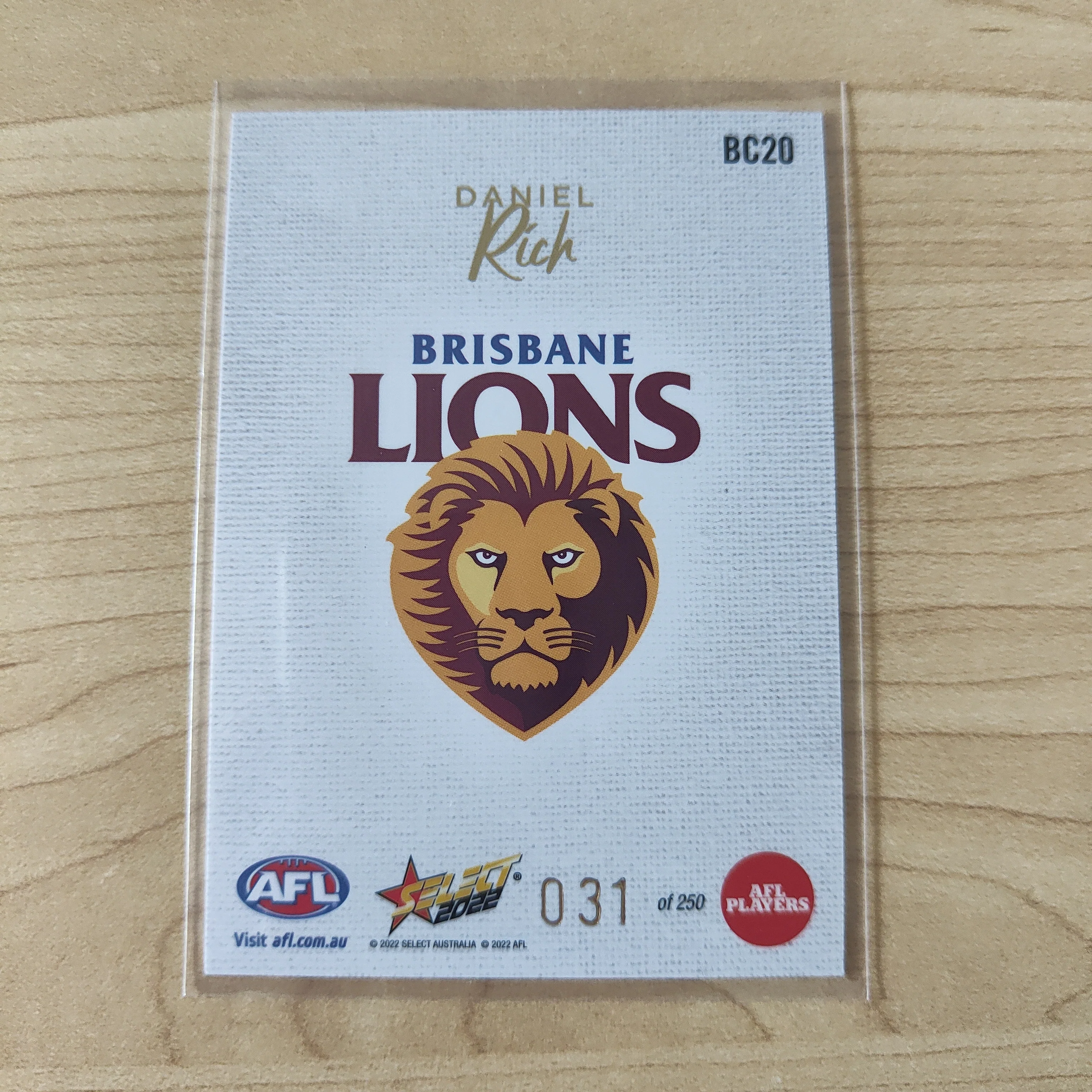 2022 AFL Footy Stars Blank Canvas Daniel Rich Brisbane 031/250 - Image 2