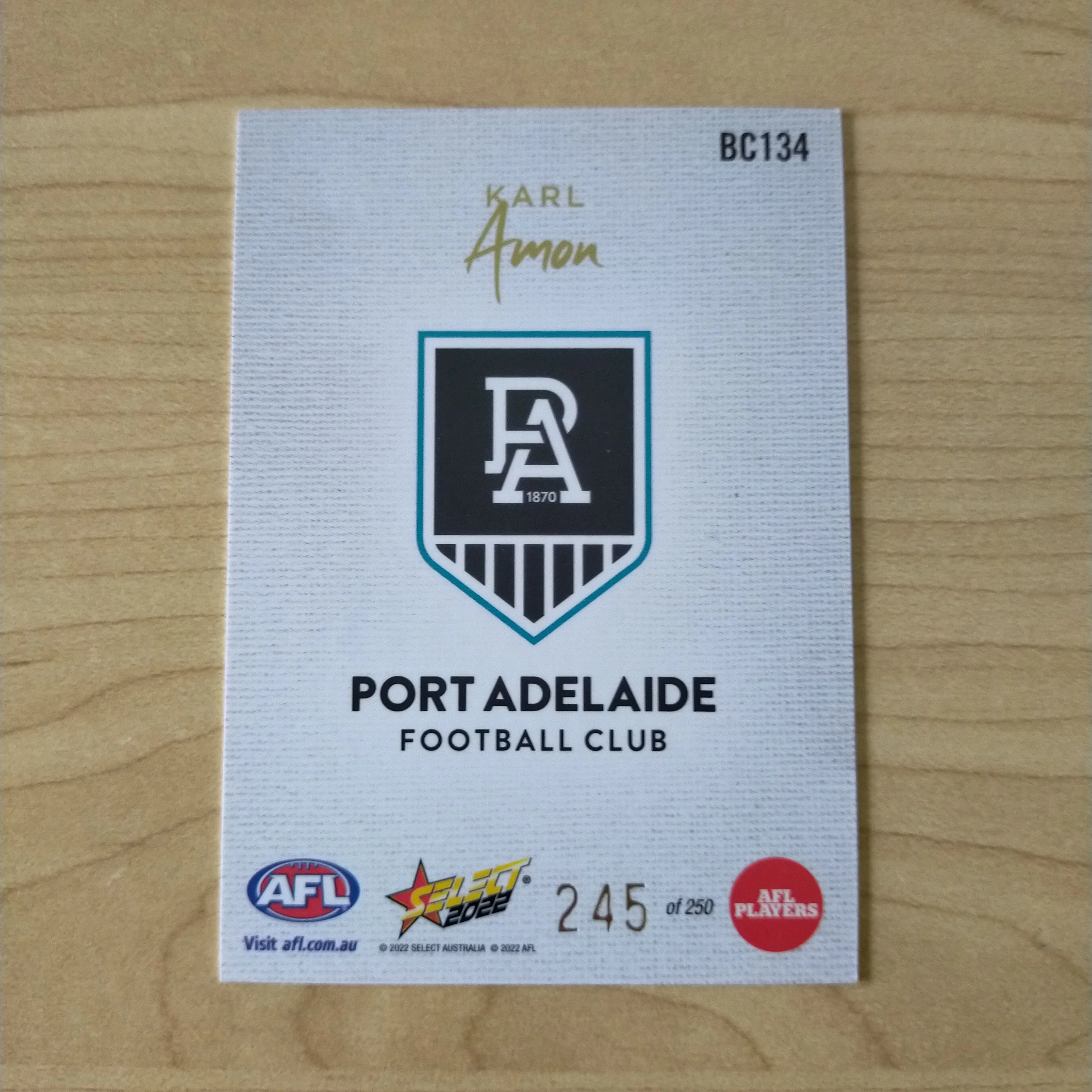 2022 AFL Footy Stars Blank Canvas Karl Amon Port Adelaide 245/250 - Image 2