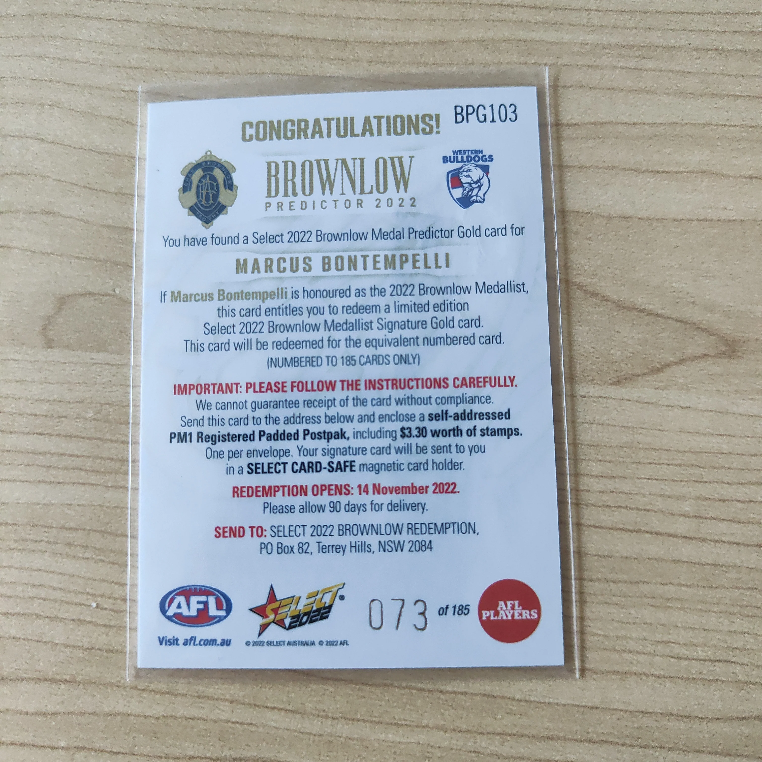 2022 AFL Footy Stars Brownlow Predictor Gold Marcus Bontempelli Western Bulldogs 073/185 - Image 2