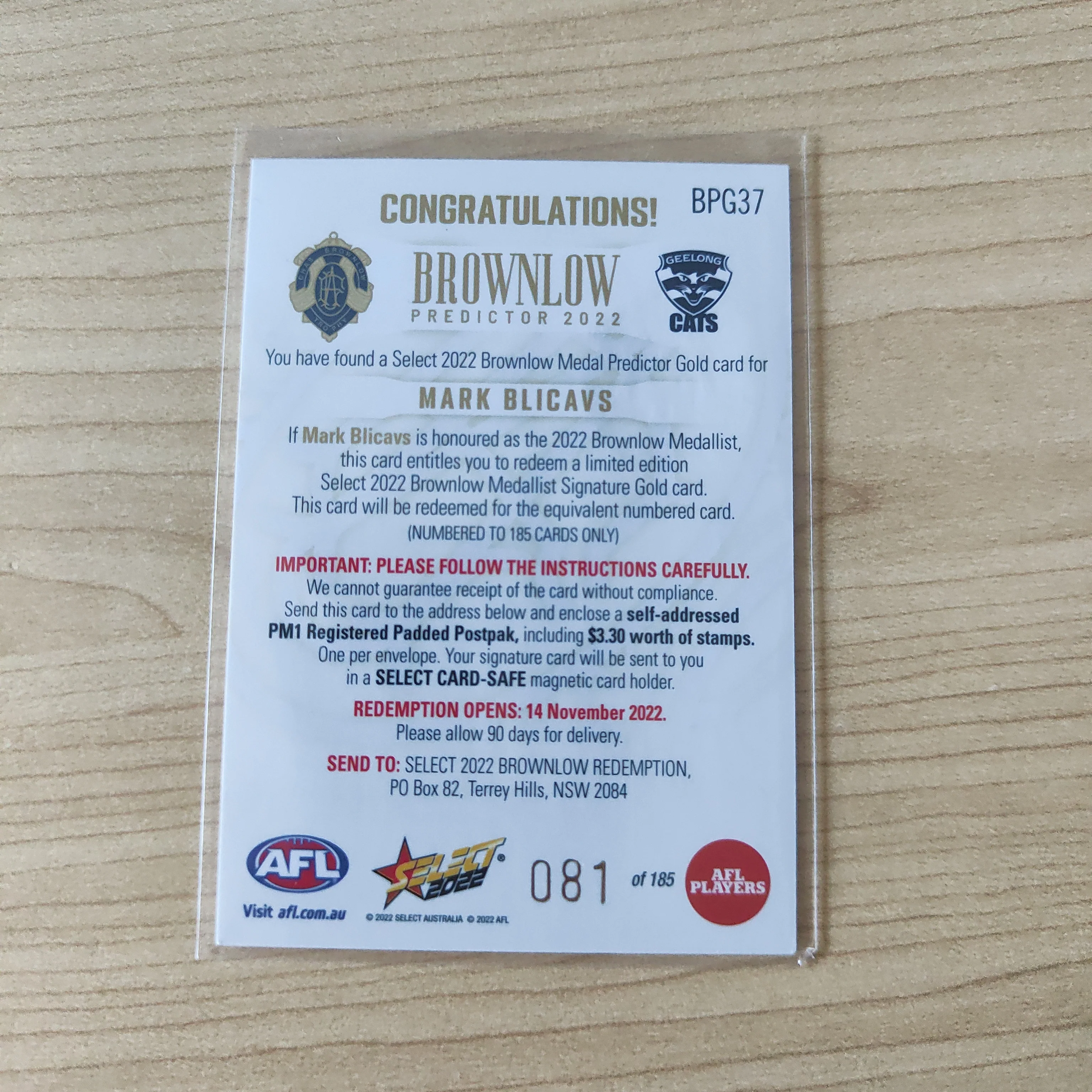 2022 AFL Footy Stars Brownlow Predictor Gold Mark Blicavs Geelong 081/185 - Image 2