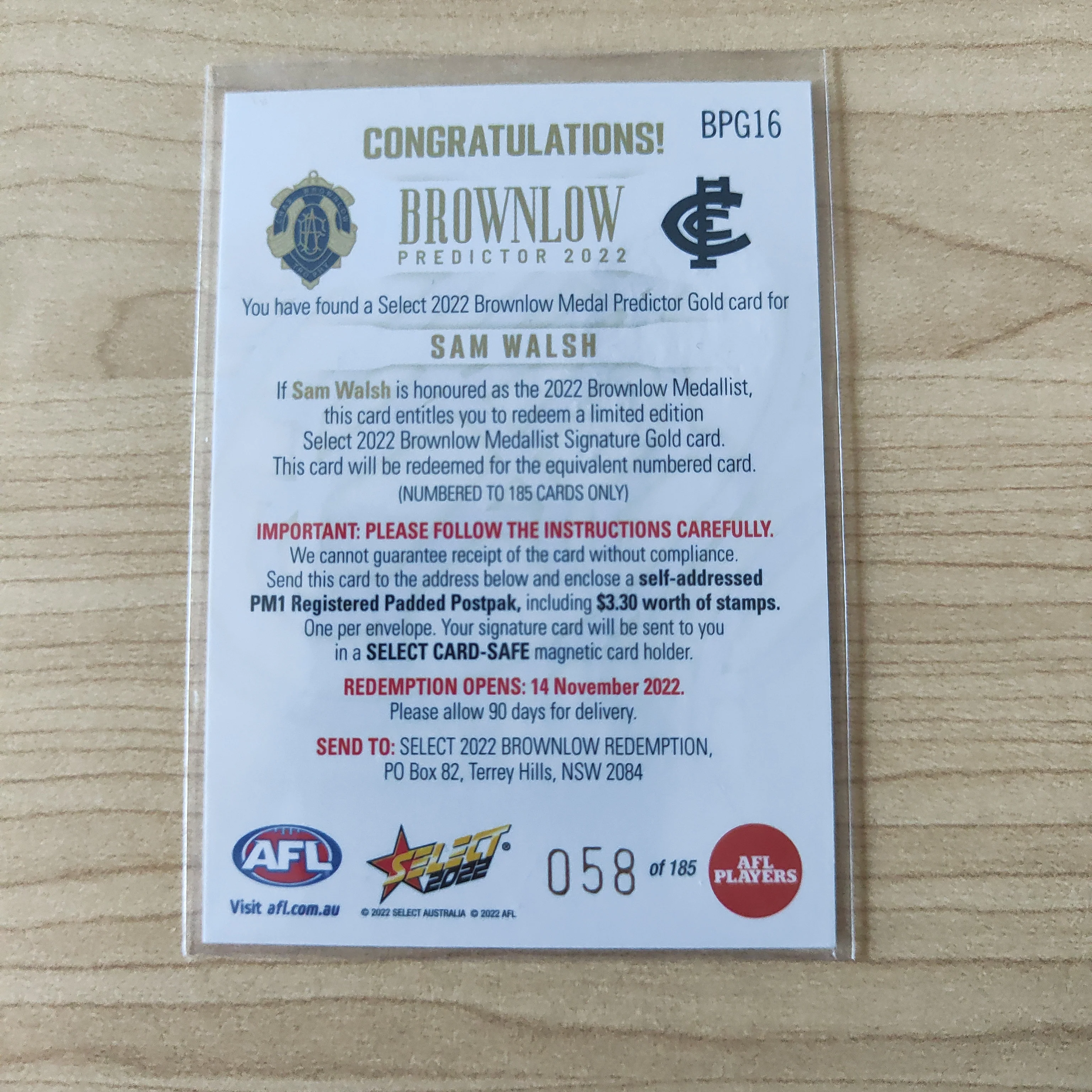2022 AFL Footy Stars Brownlow Predictor Gold Sam Walsh 058/185 - Image 2