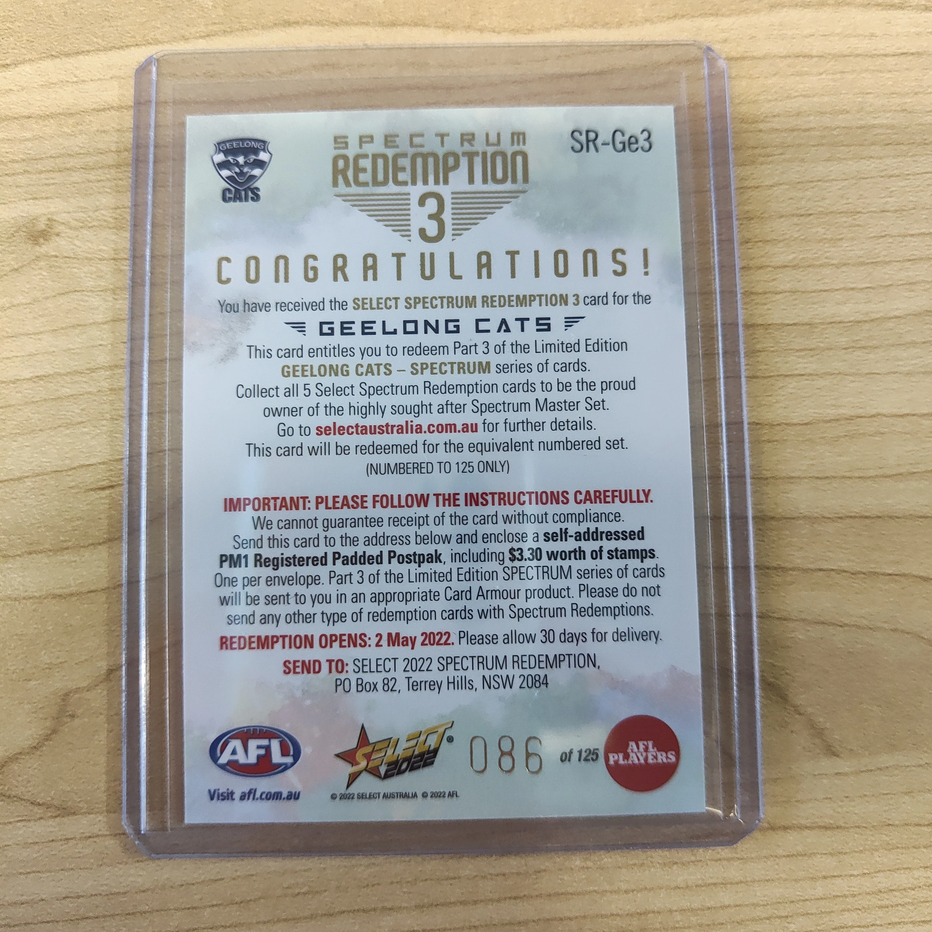 2022 AFL Footy Stars Spectrum Redemption 3 Geelong Cats Card 086/125 - Image 2