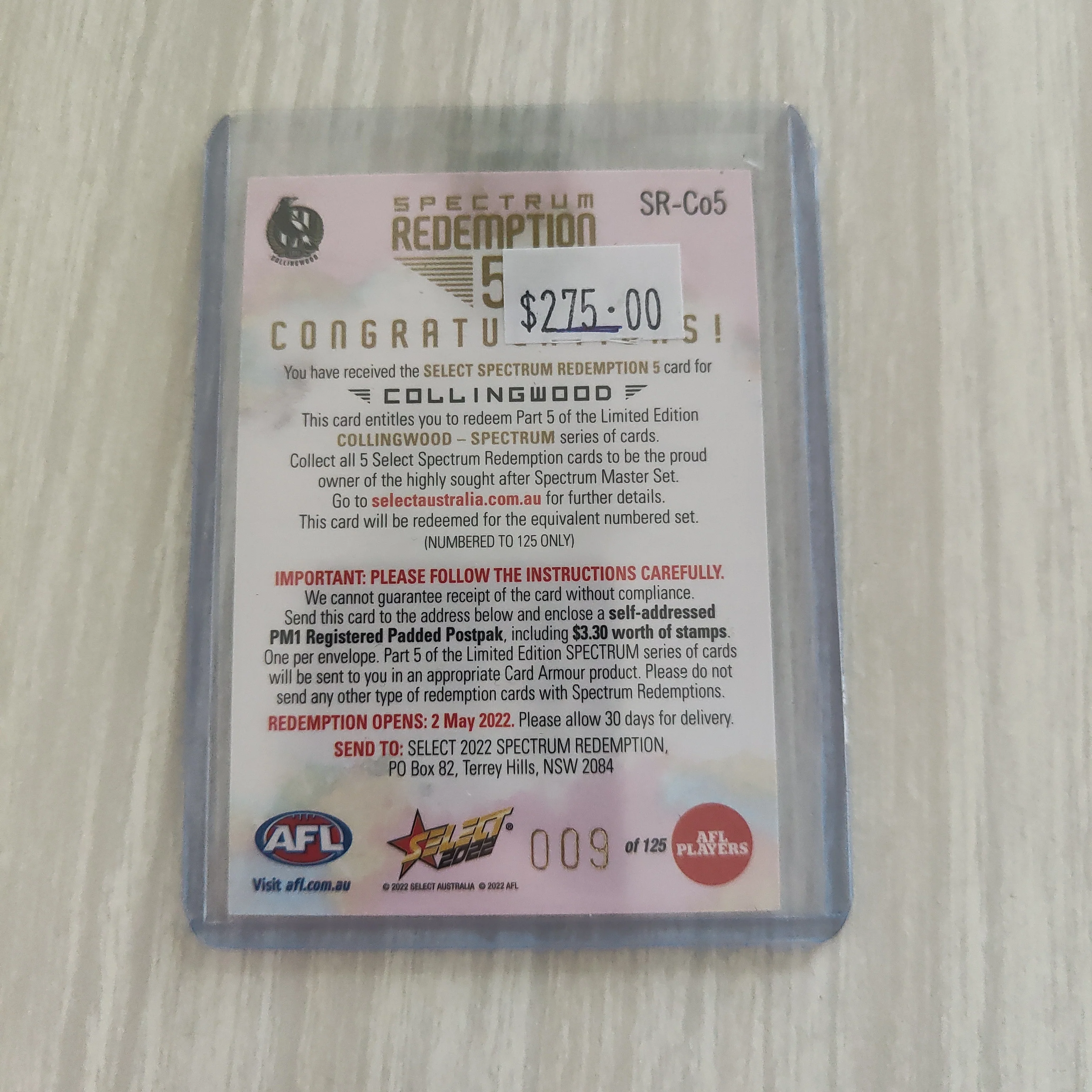 2022 AFL Footy Stars Spectrum Redemption 5 Card Collingwood LOW NUMBER 009/125 - Image 2