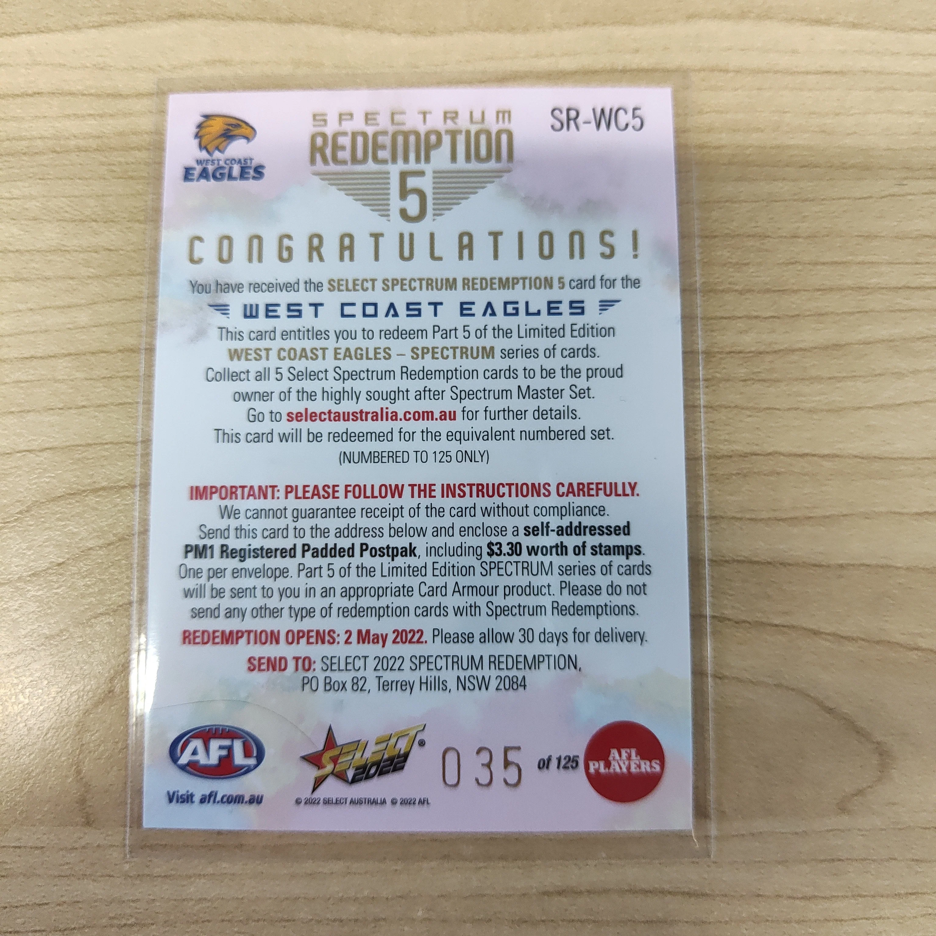 2022 AFL Footy Stars Spectrum Redemption 5 Card West Coast 035/125 - Image 2