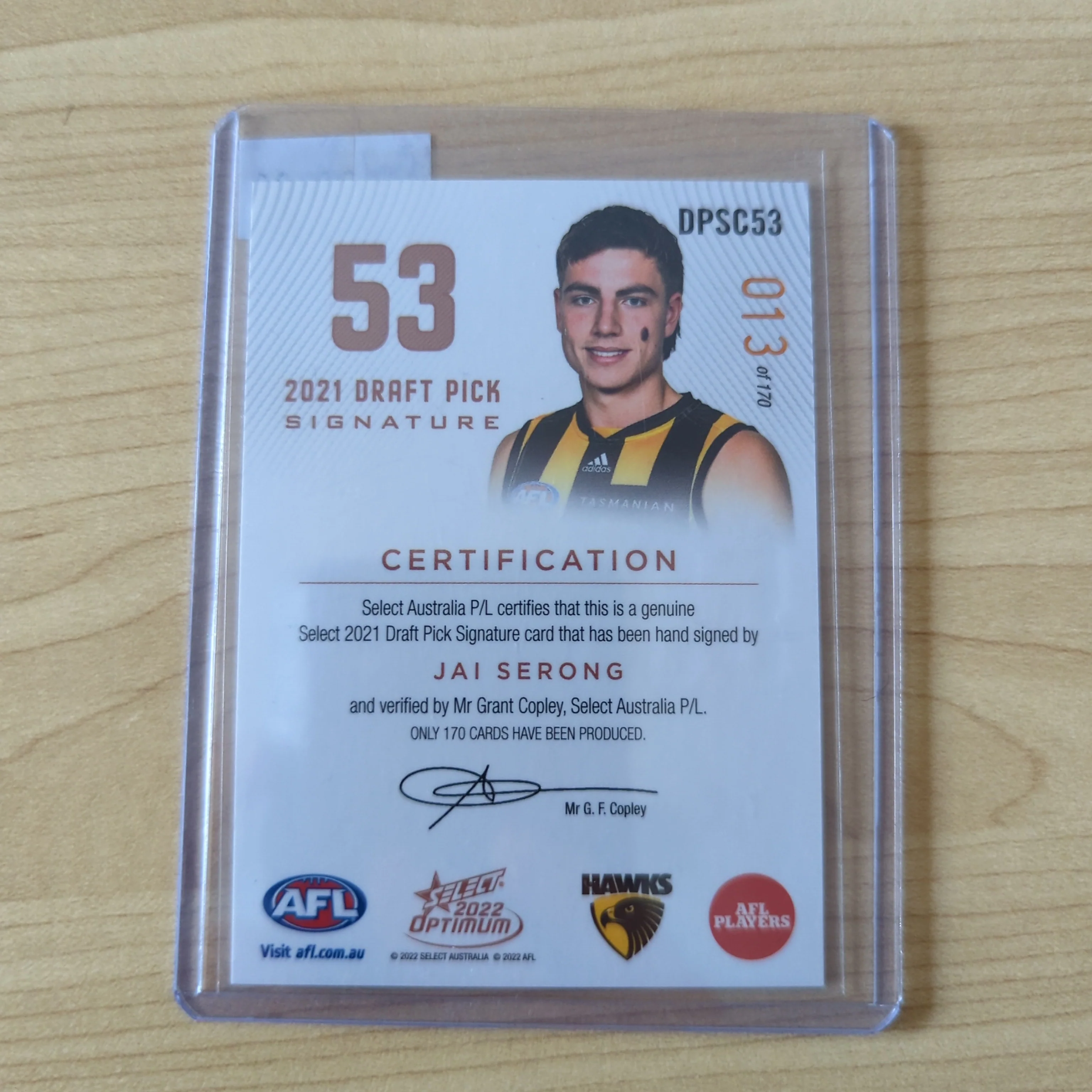 2022 AFL Select Optimum Copper Draft Pick Signature Jai Serong Hawthorn No.013/170 - Image 2