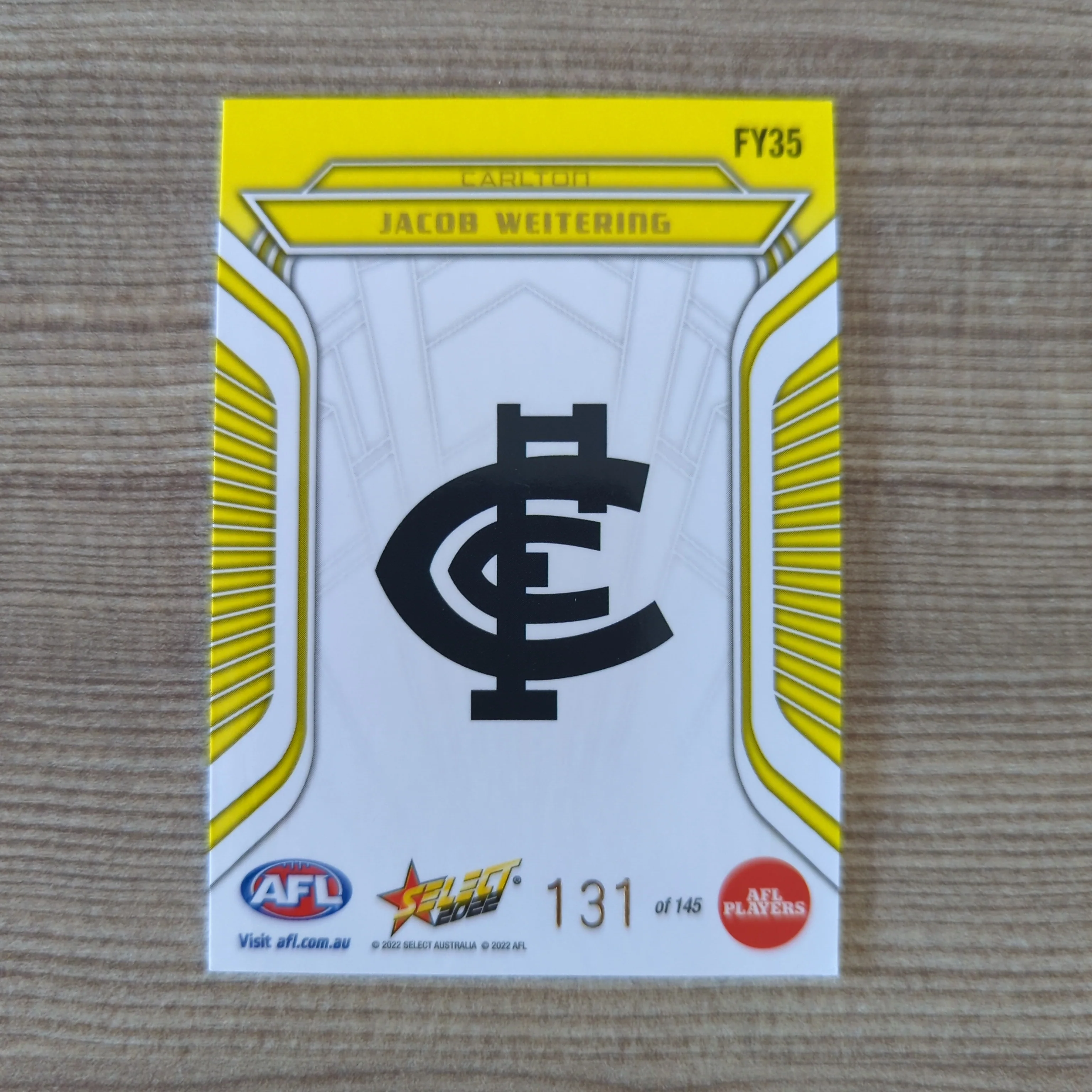 2022 AFL Select Footy Stars Fractured Yellow Jacob Weitering Carlton - Image 2