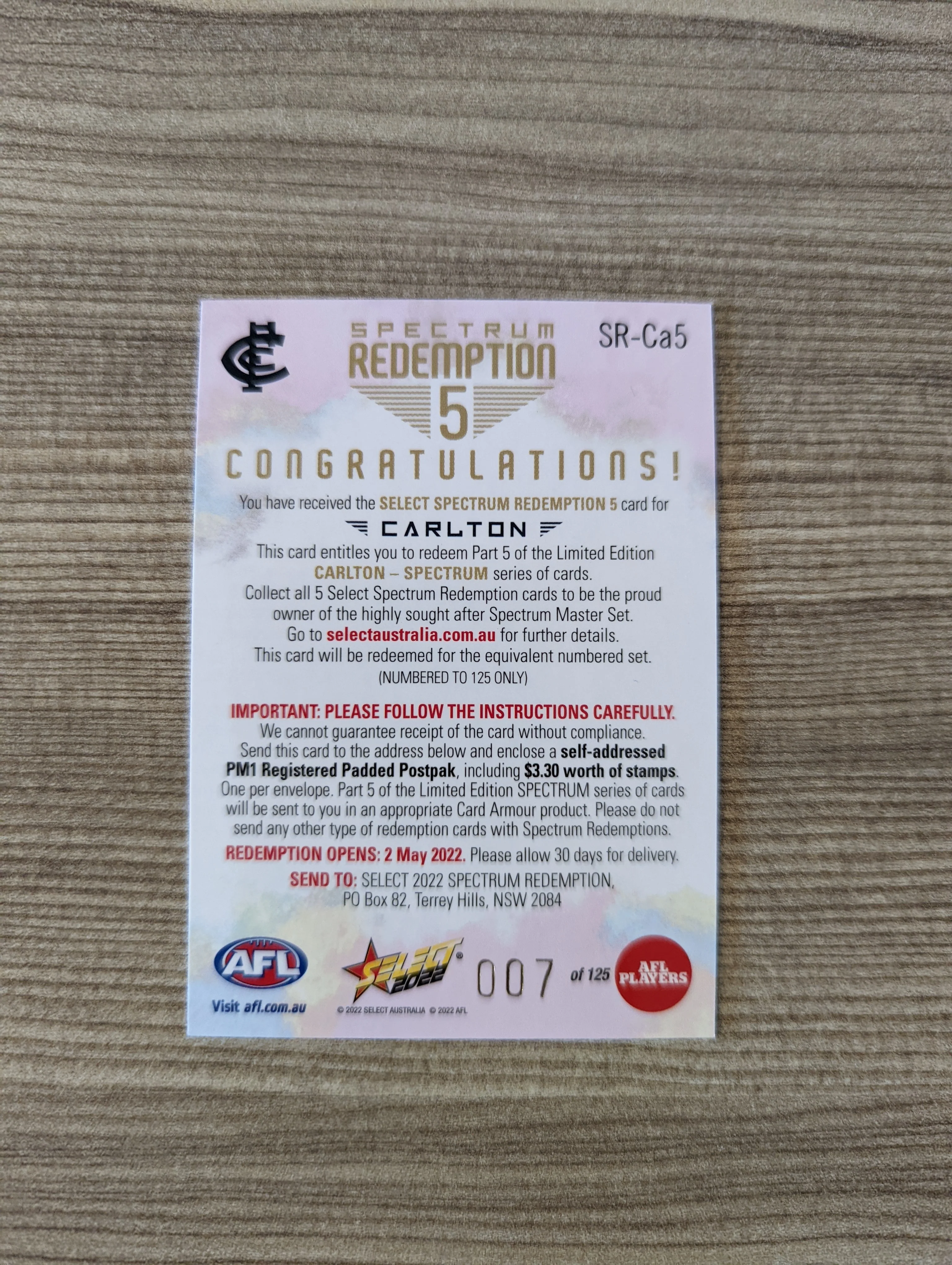 2022 AFL Select Footy Stars Spectrum Redemption 5 Carlton Low 007/125 - Image 2