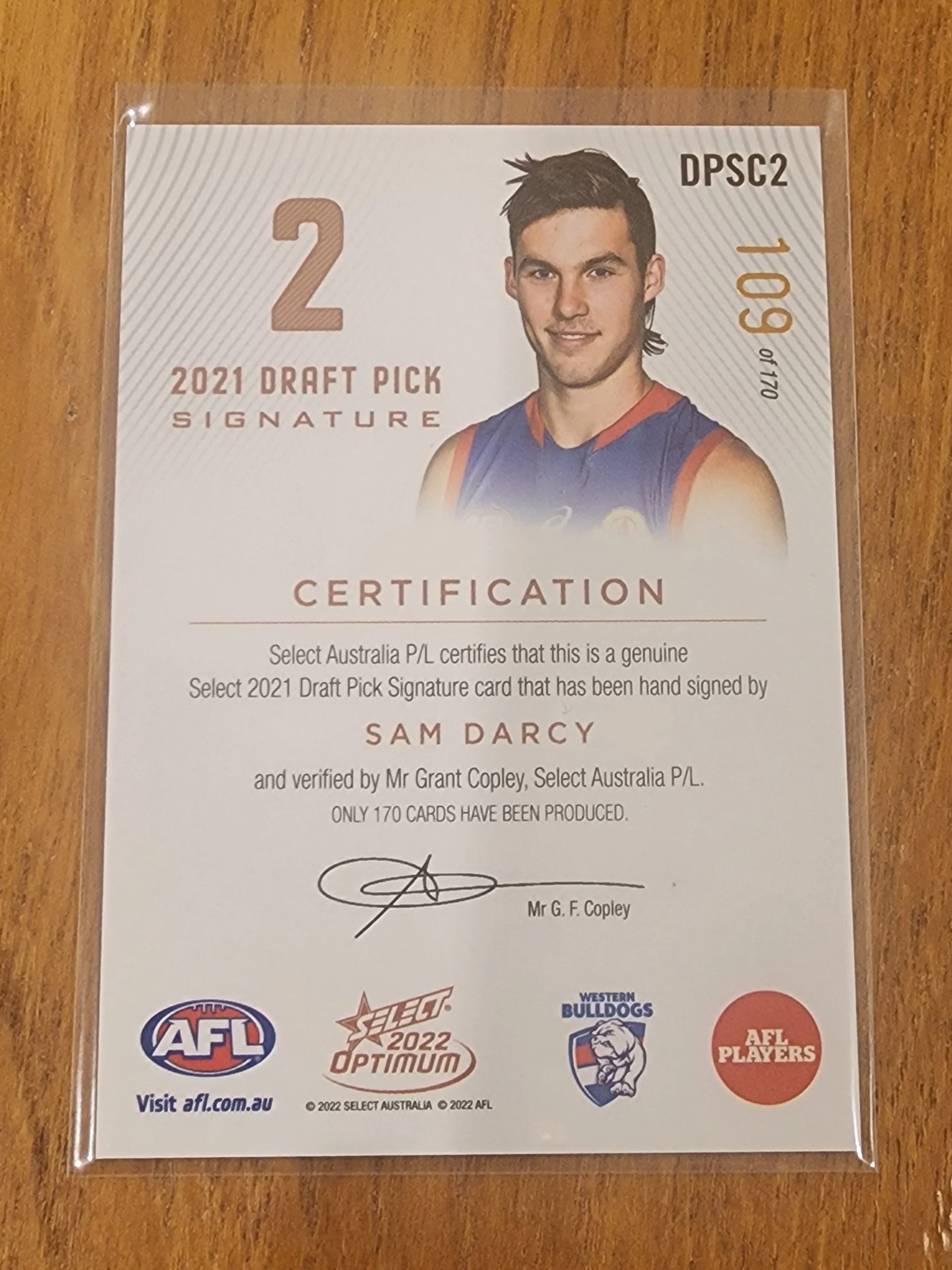 2022 AFL Select Optimum 2021 Draft Pick Signature Sam Darcy Bulldogs 109/170 - Image 2