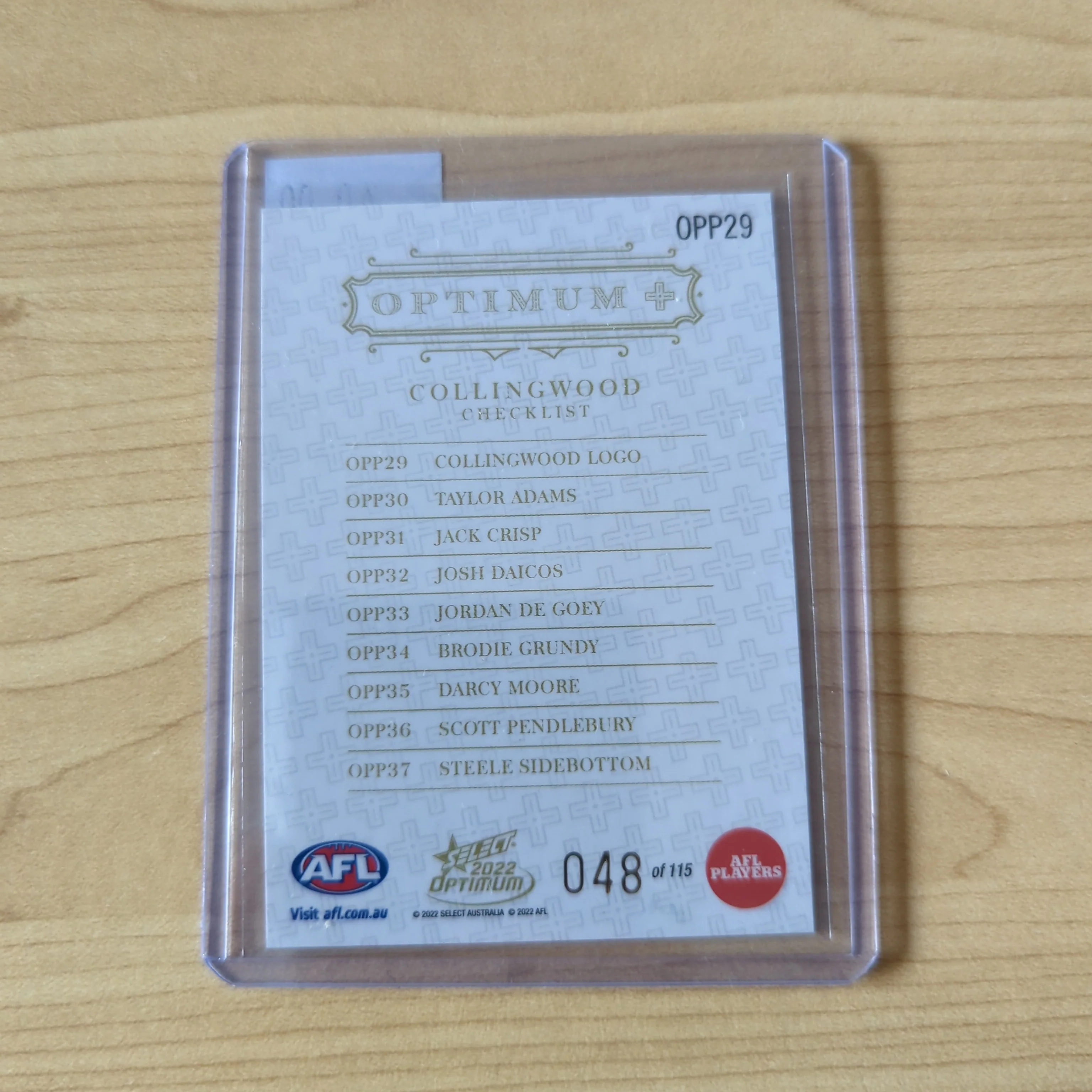 2022 AFL Select Optimum Plus Parallel Collingwood Checklist No.48/115 - Image 2