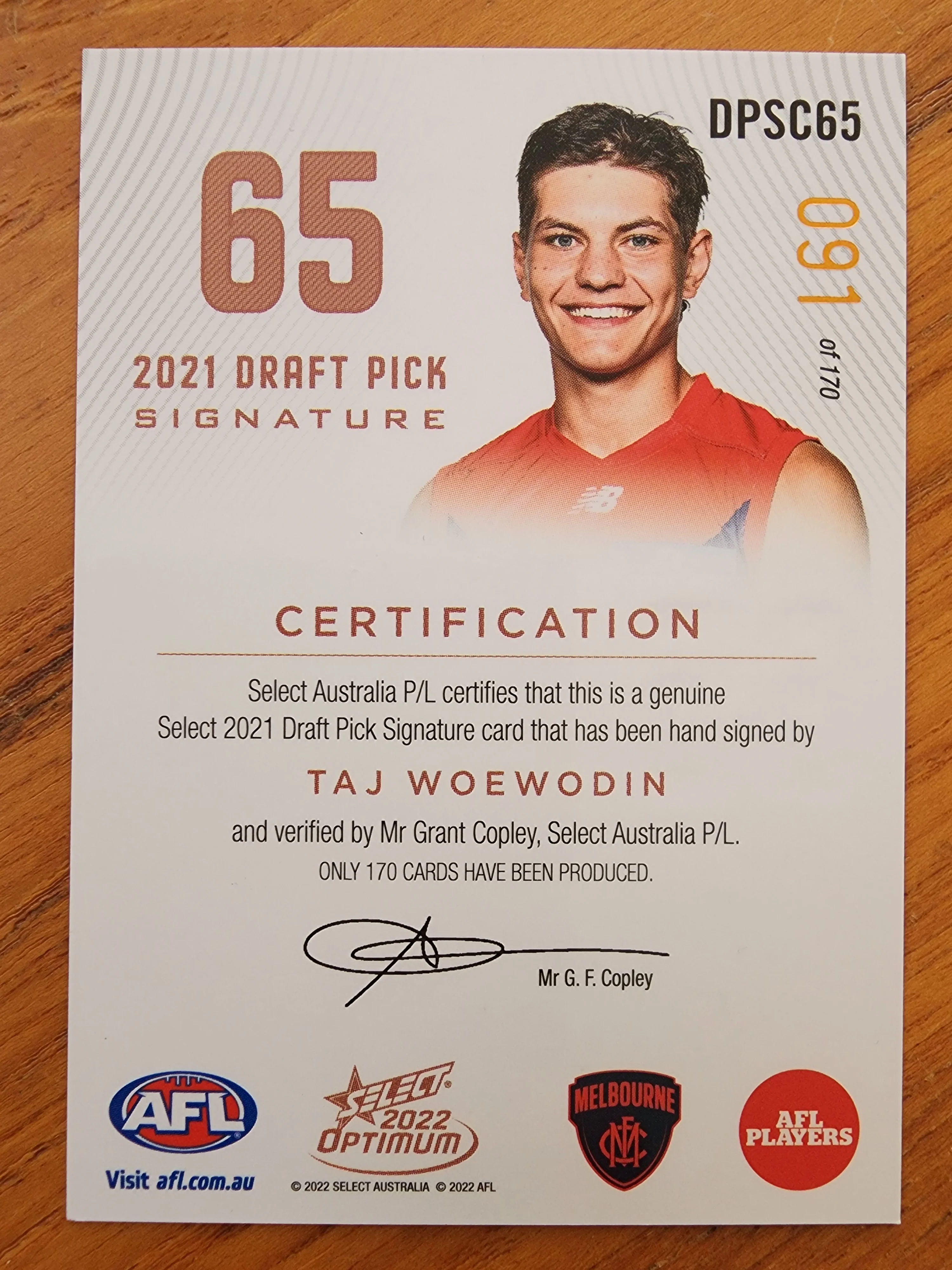 2022 AFL Select Optimum Signature card Taj Woewodin Melbourne 91/170  DPSC65 - Image 2