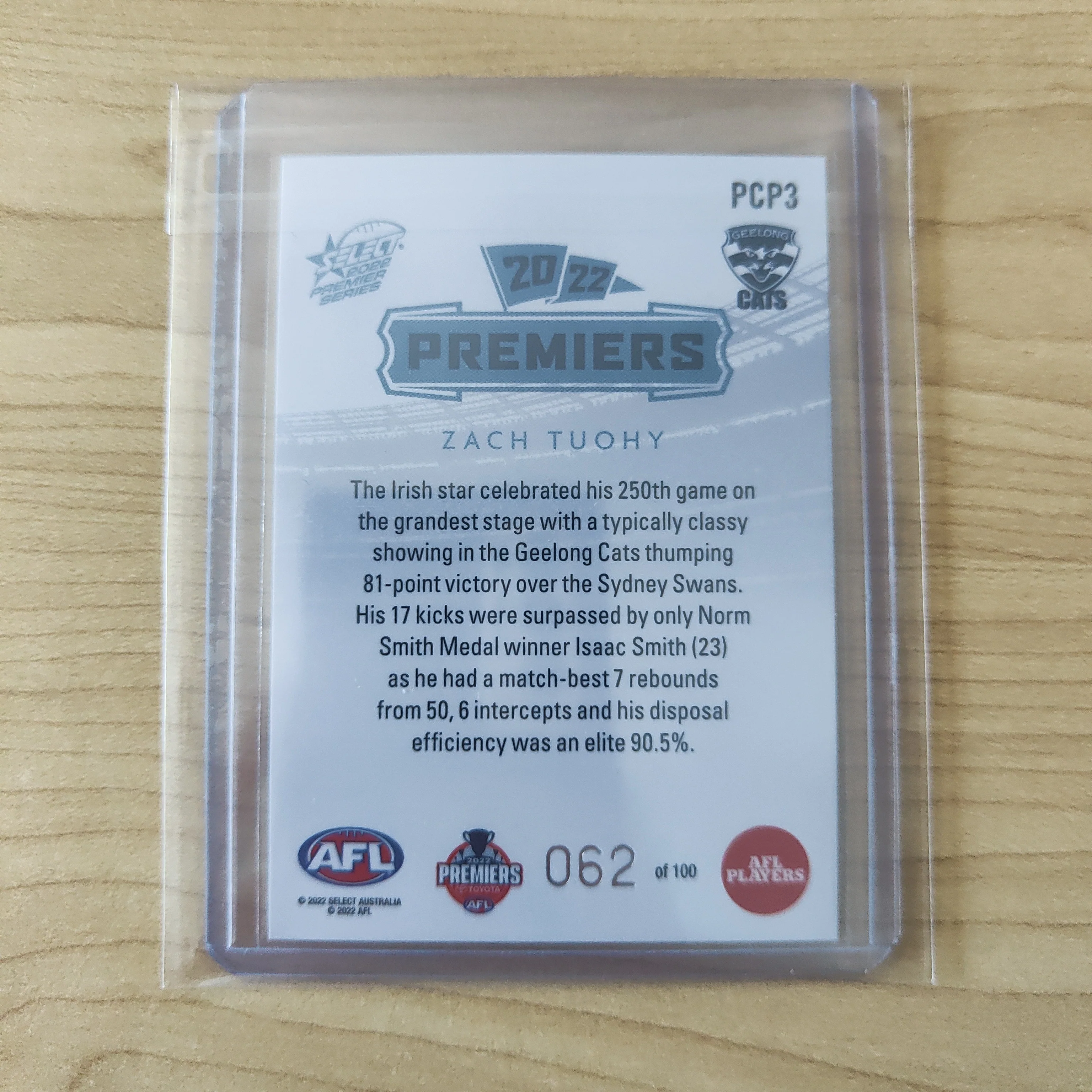 2022 AFL Select Premiership Series Zach Tuohy Geelong 062/100 - Image 2