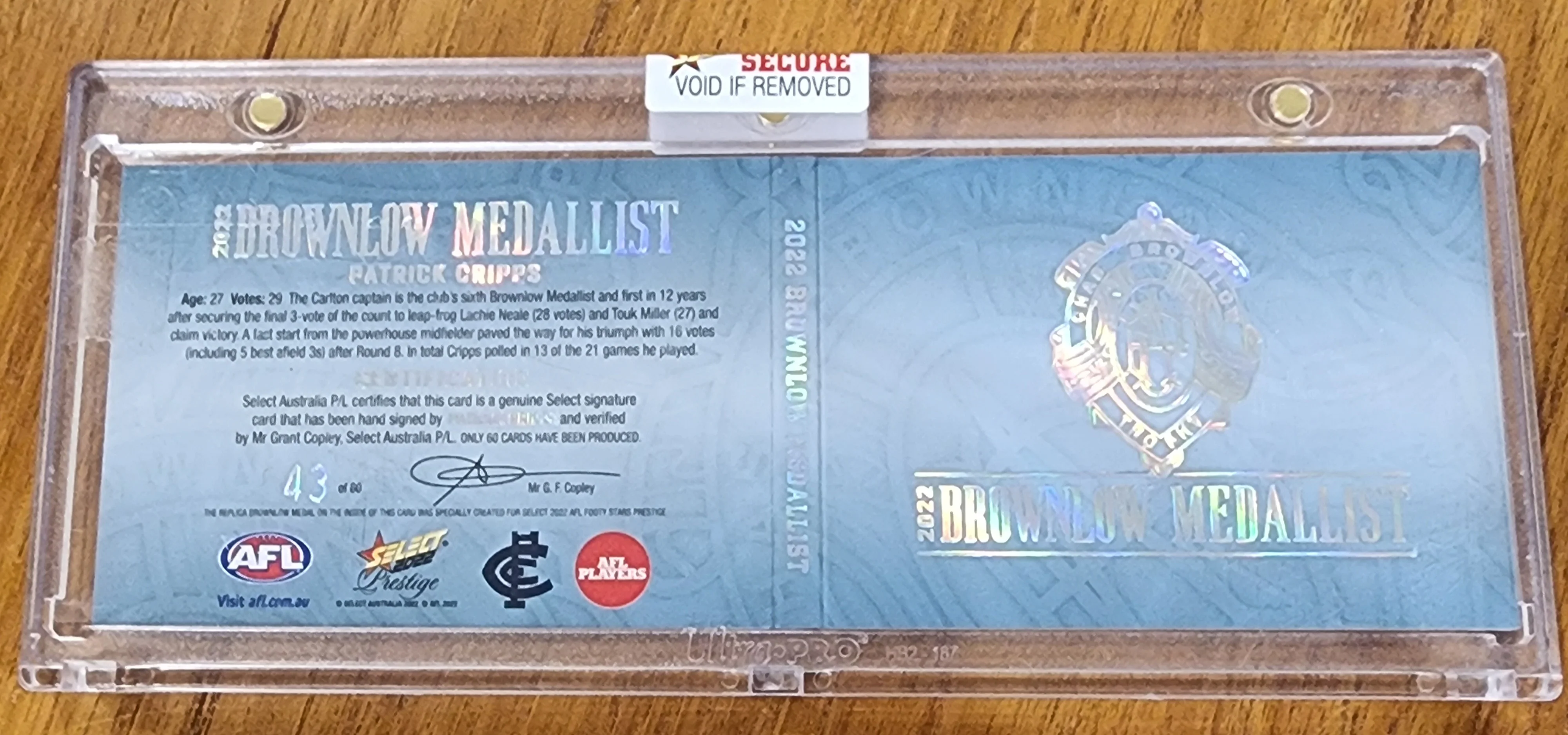 2022 AFL Select Prestige Brownlow Predictor Wild Card And Signed Booklet Platinum Patrick Cripps Carlton 43/60 - Image 2