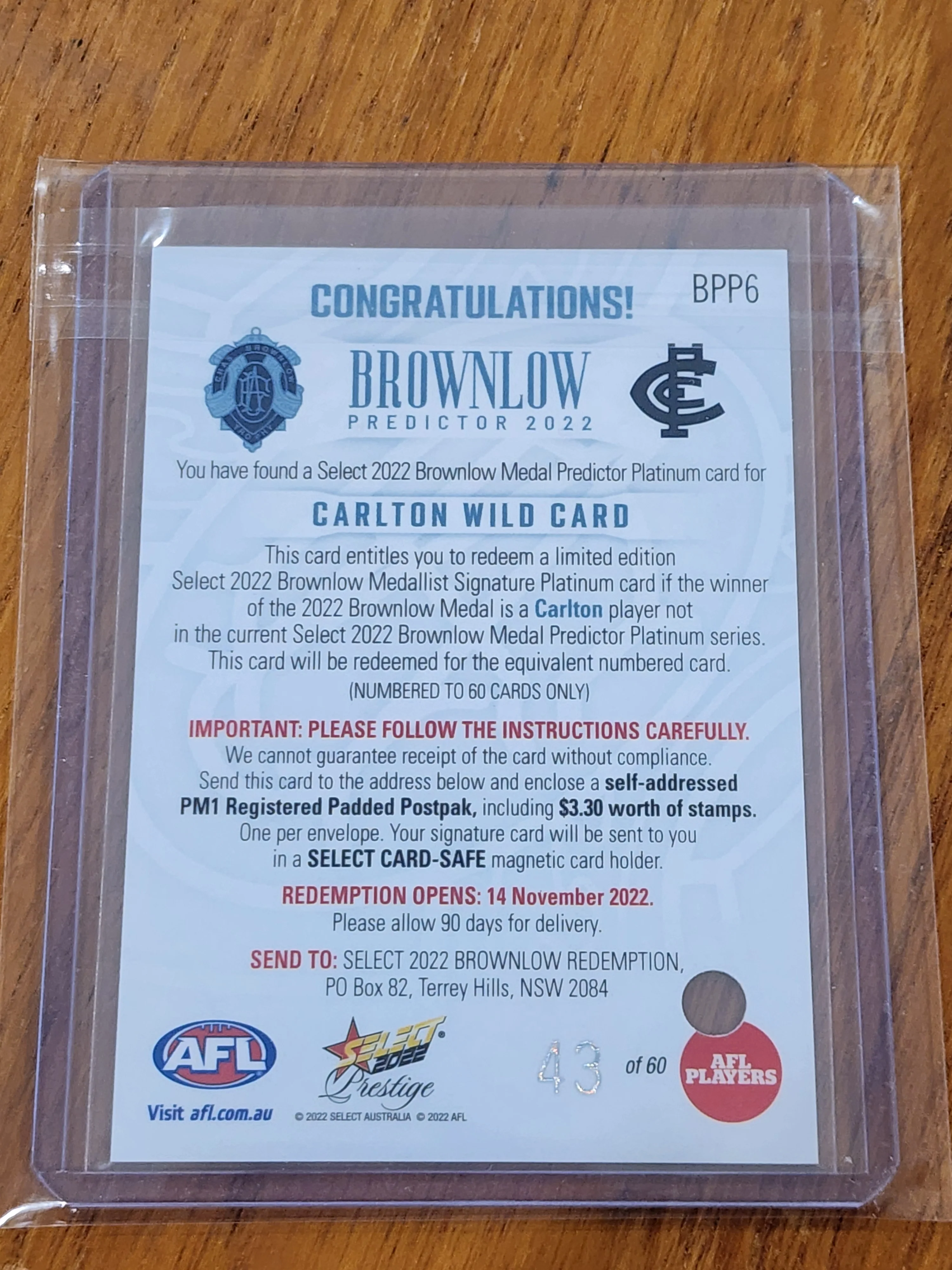 2022 AFL Select Prestige Brownlow Predictor Wild Card And Signed Booklet Platinum Patrick Cripps Carlton 43/60 - Image 4