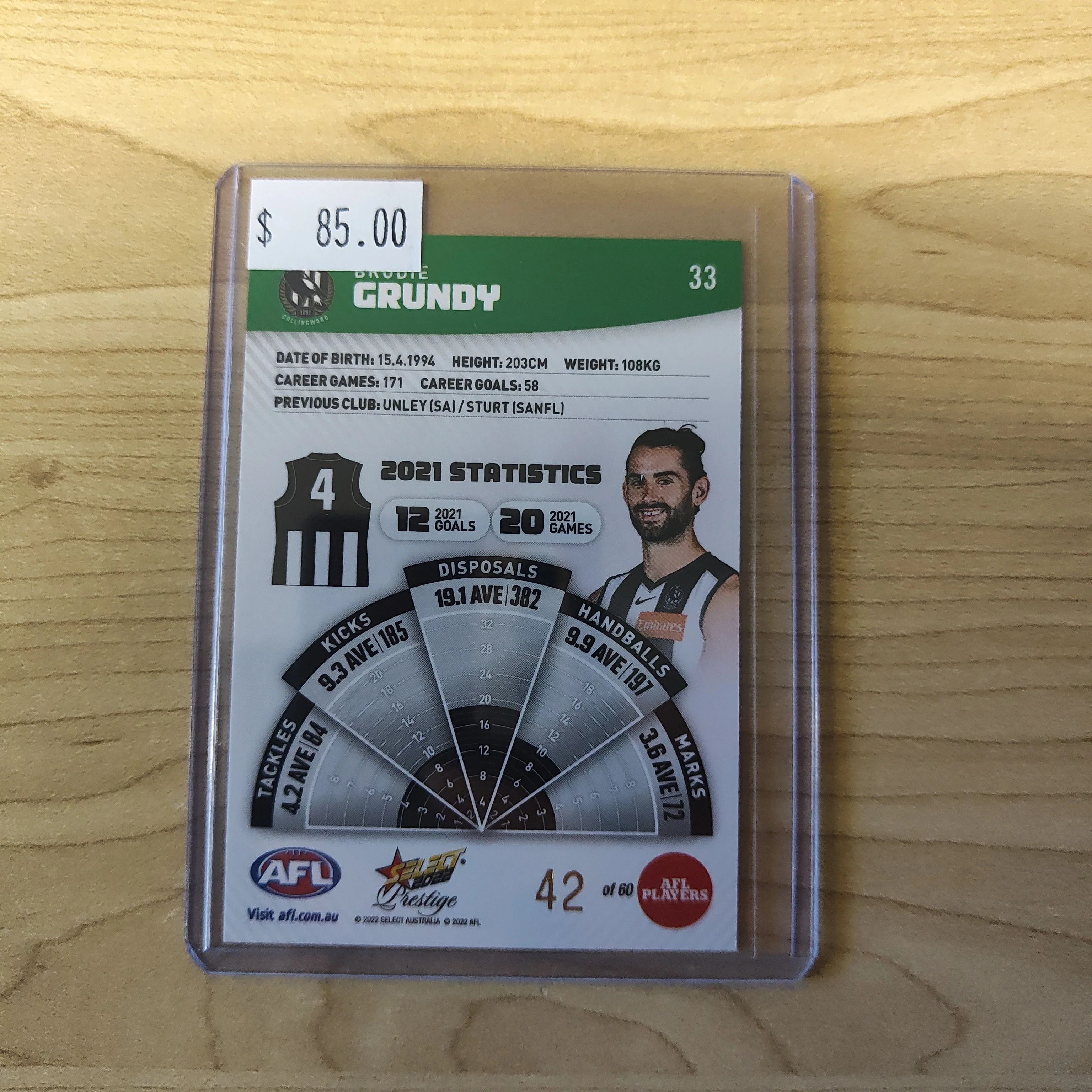 2022 AFL Select Prestige Green Parallel Brodie Grundy Collingwood 42/60 - Image 2