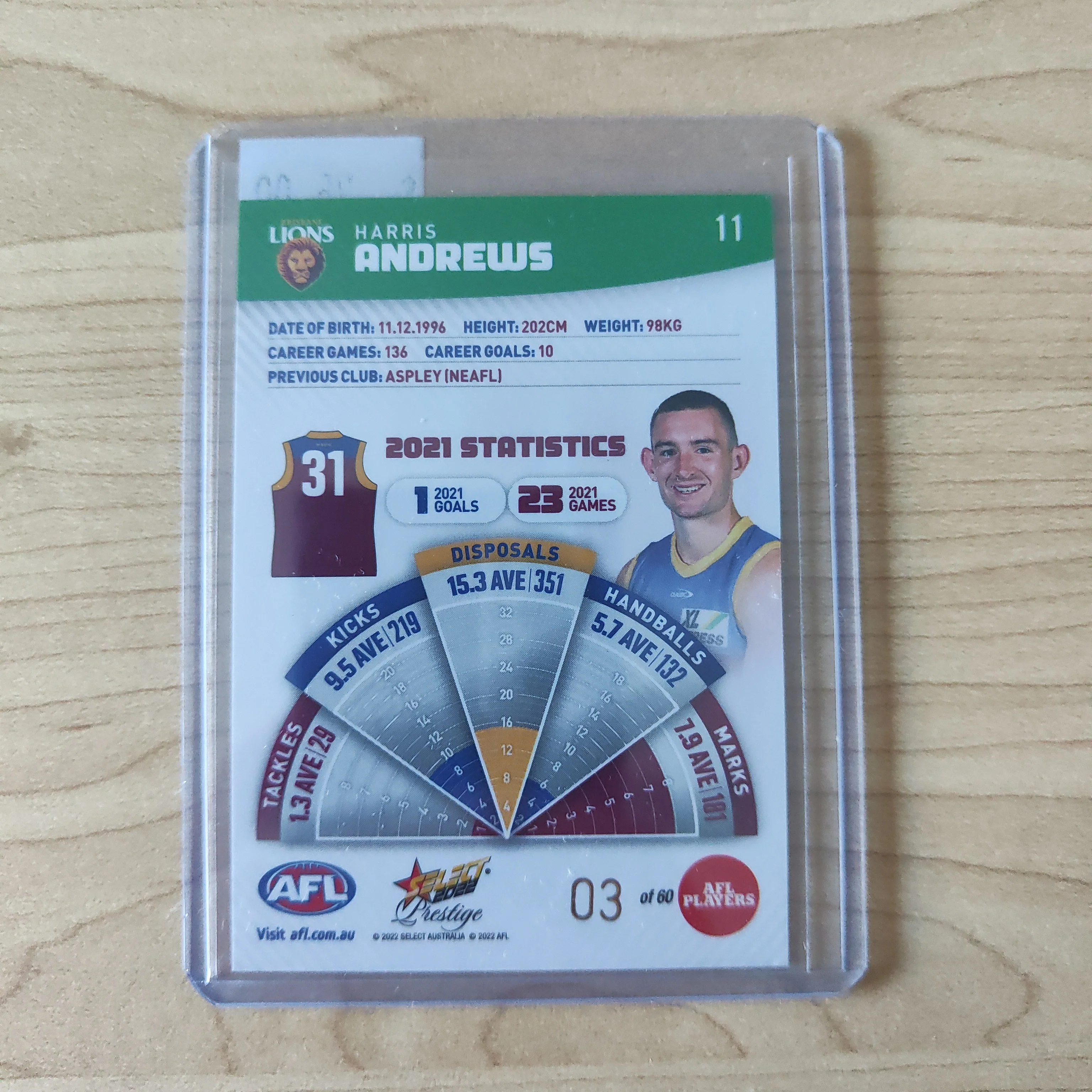 2022 AFL Select Prestige Green Parallel Harris Andrews Brisbane LOW NUMBER No.03/60 - Image 2