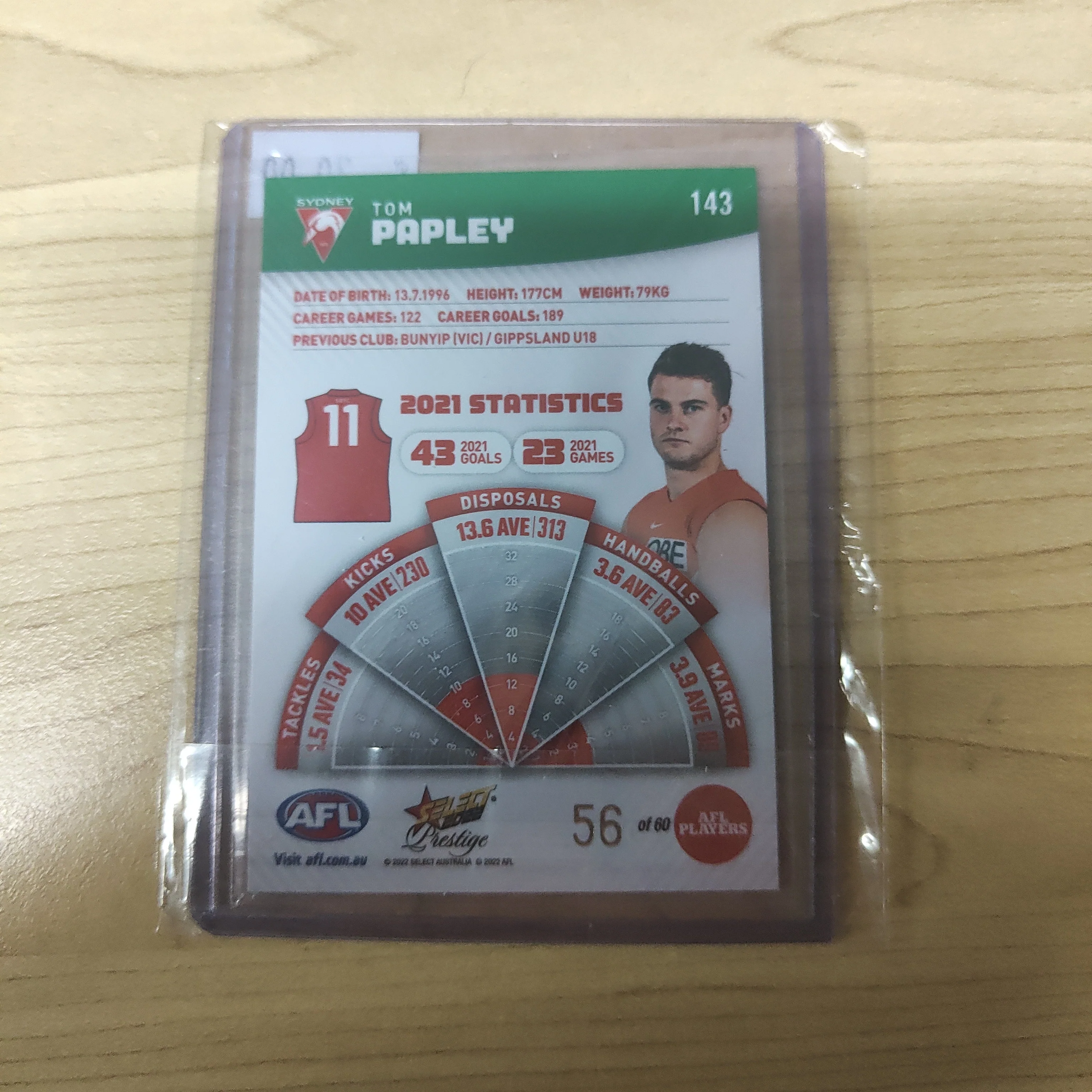 2022 AFL Select Prestige Green Parallel Tom Papley Sydney No.56/60 - Image 2
