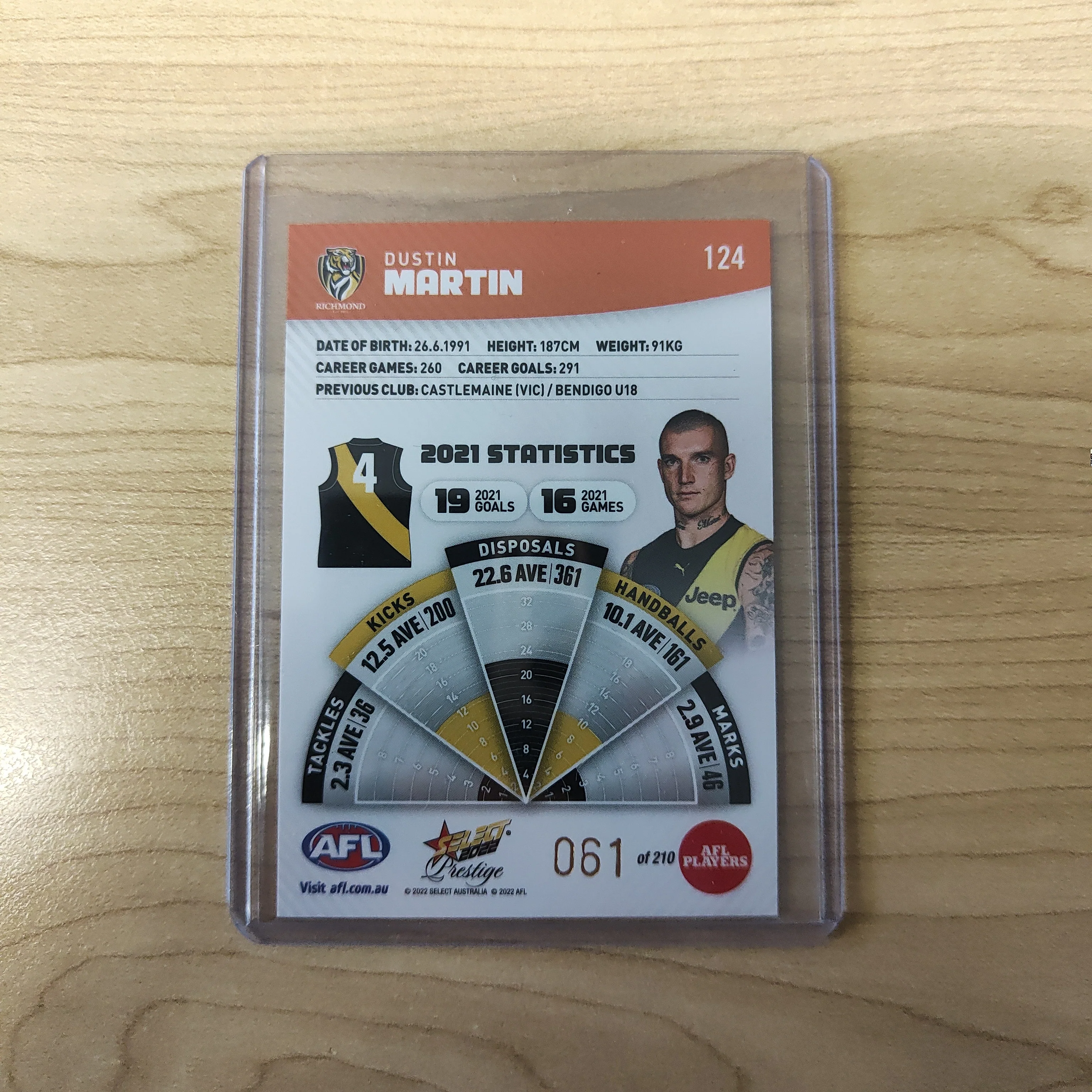 2022 AFL Select Prestige Orange Parallel Dustin Martin Richmond No.061/210 - Image 2