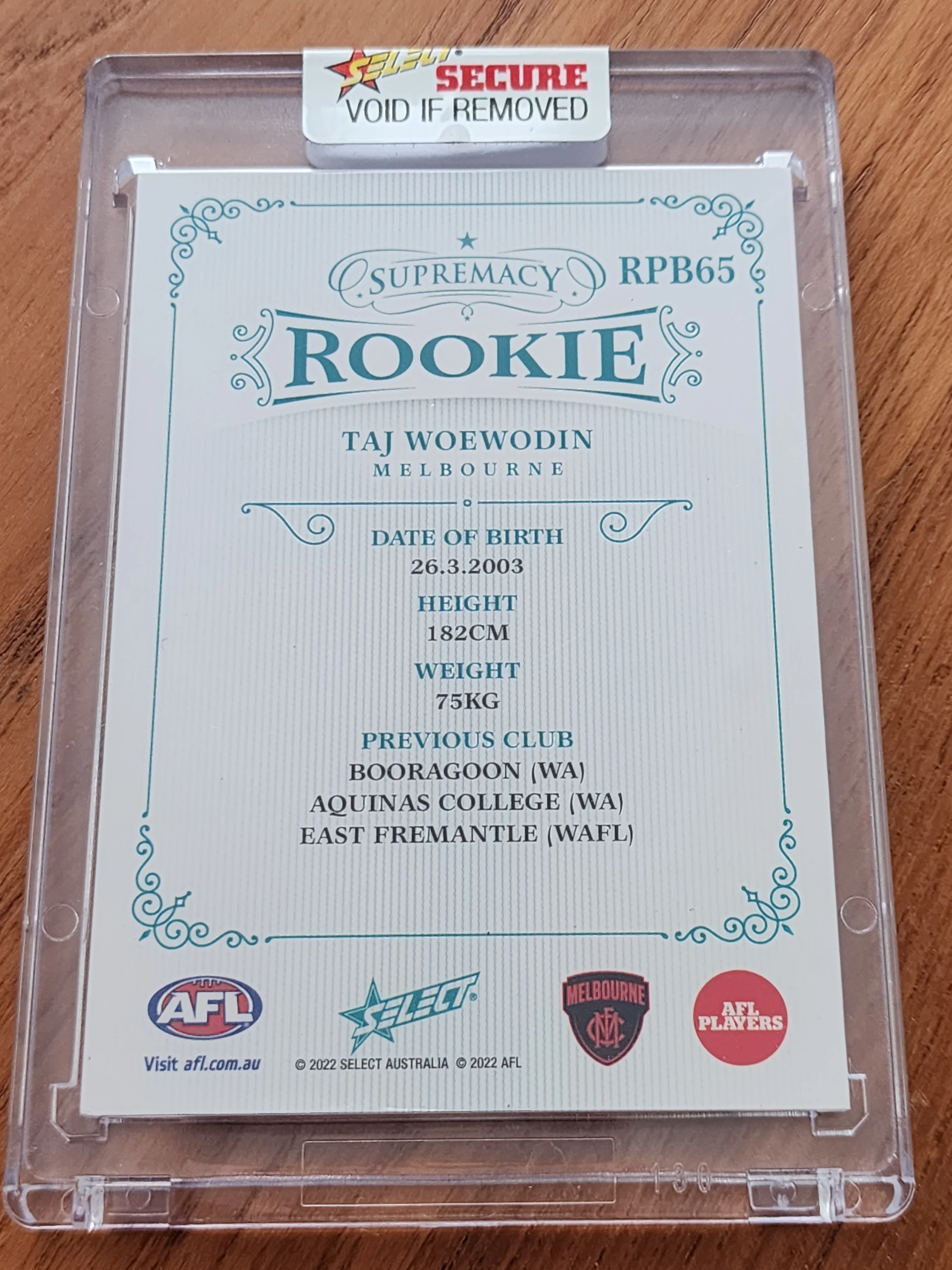 2022 AFL Select Supremacy Rookie Taj Woewoedin Melbourne 45/75 - Image 2