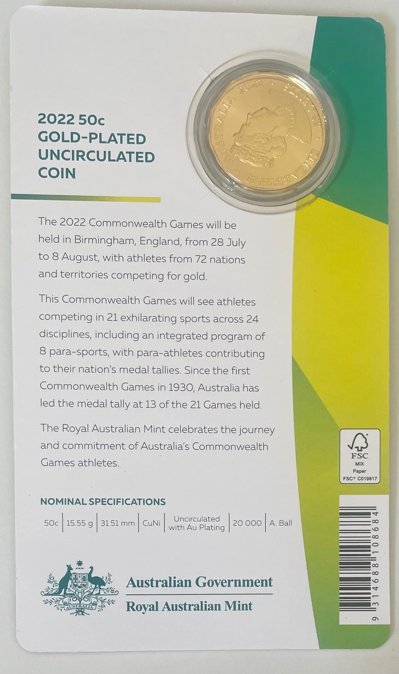 Australia 2022 50c Birmingham Commonwealth Games Gold Plated Coin - Image 2