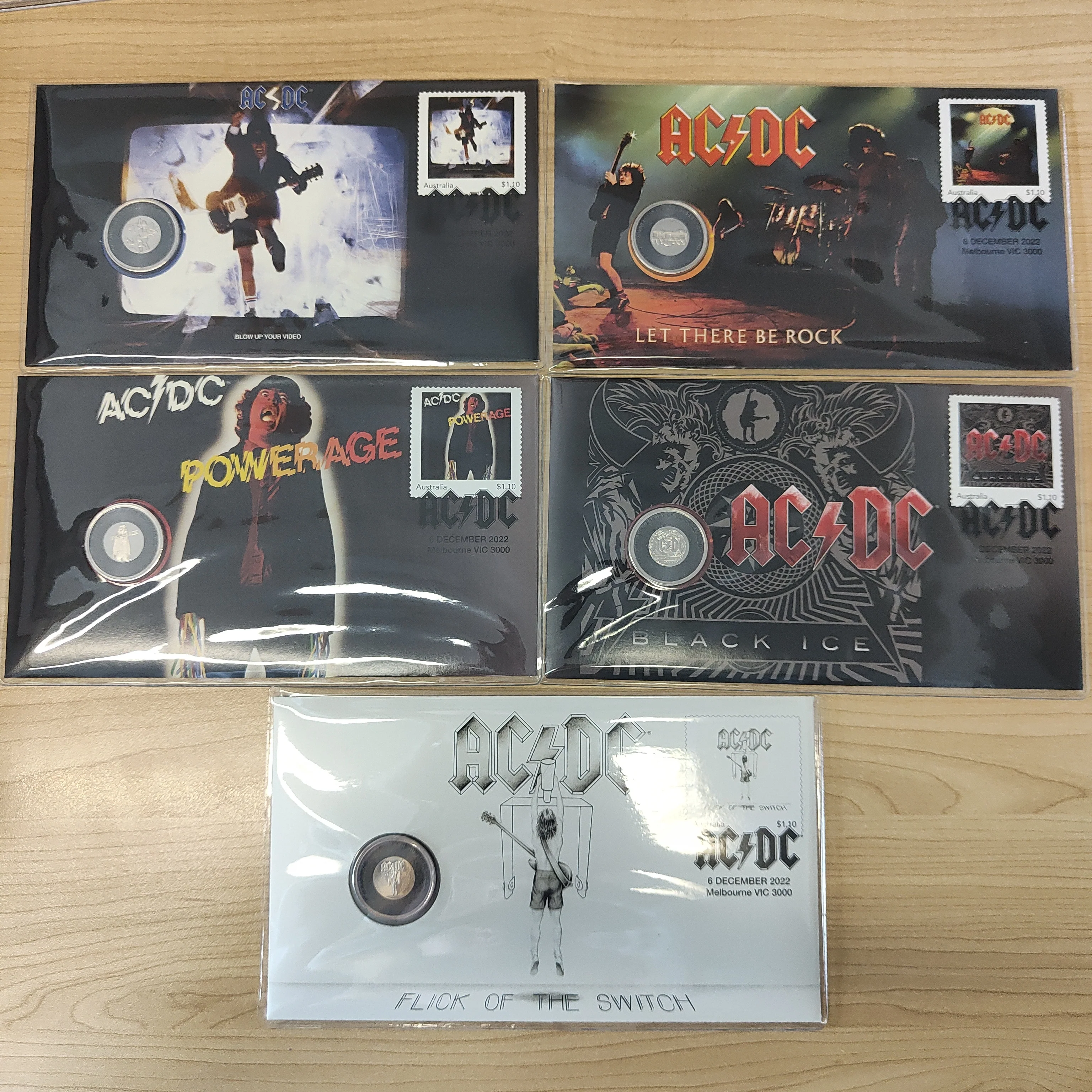 Australia 2022 AC/DC ACDC Set of 5 20c Coin and Stamp PNCs. Limited edition