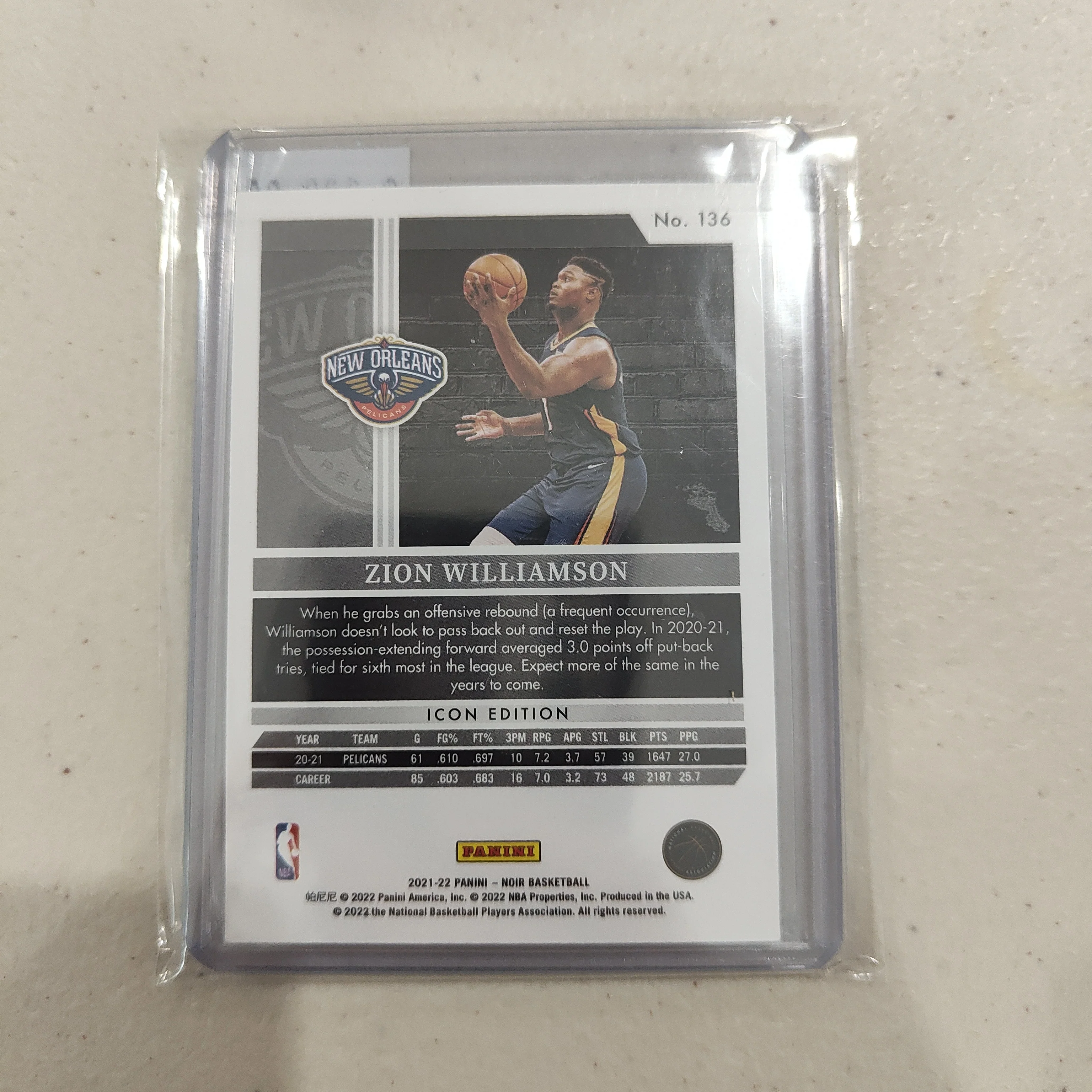 2022 Panini Noir Zion Williamson New Orleans Pelicans 45/99 - Image 2