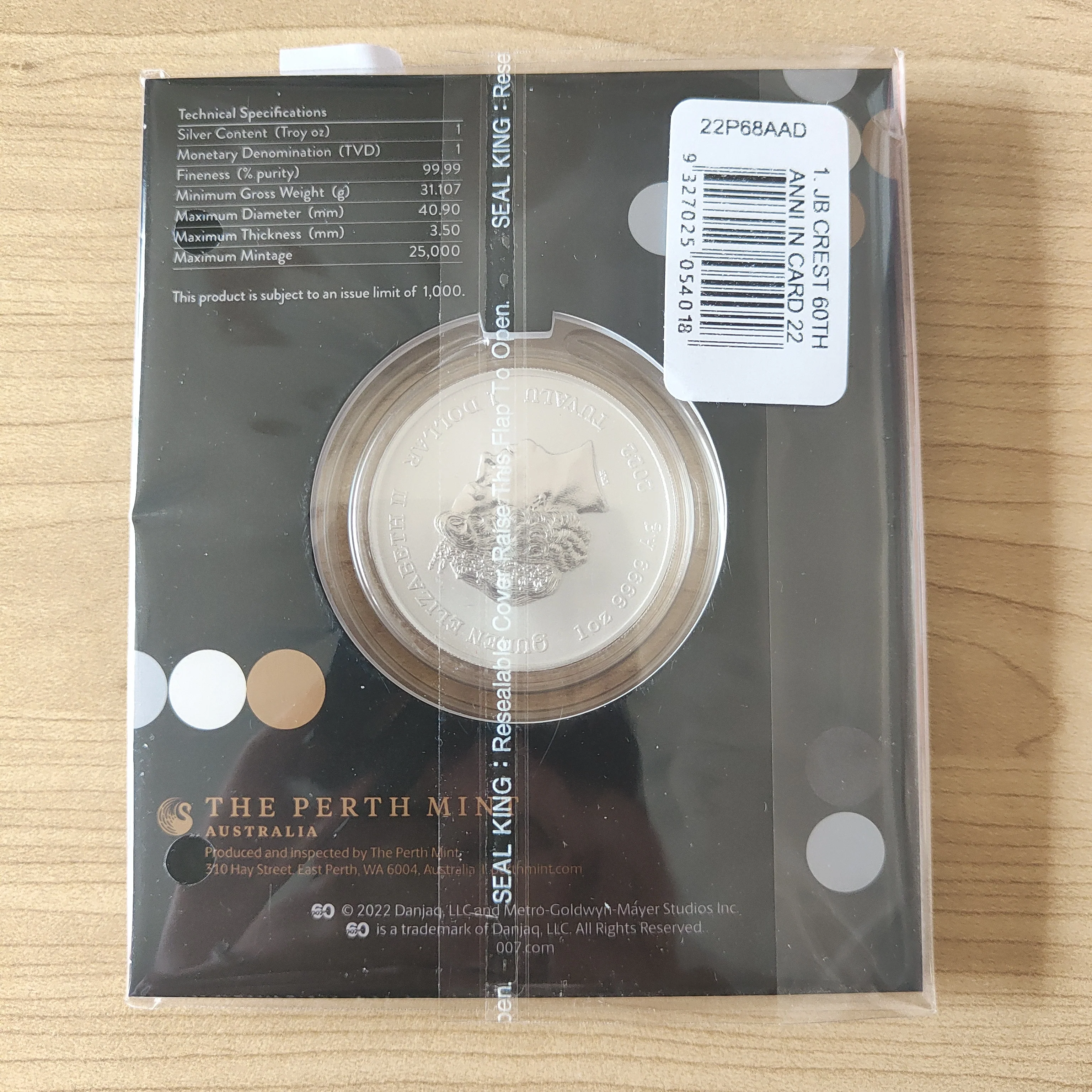 2022 Perth Mint 007 60 Years of Bond James Bond $1 1oz Silver Coin - Image 2