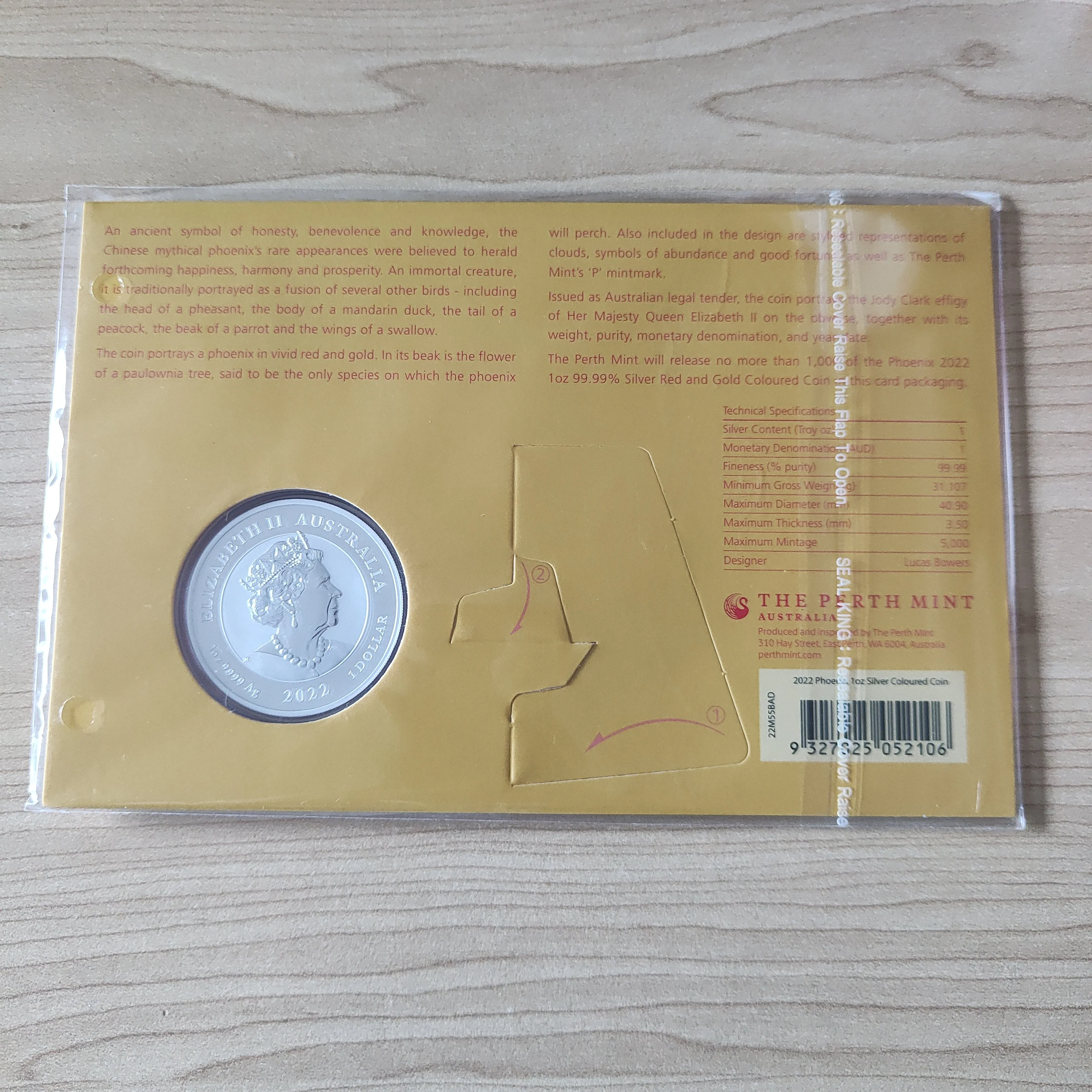 2022 Perth Mint Chinese Myths and Legends Phoenix $1 1oz Silver Red and Gold Coloured Carded Coin - Image 2