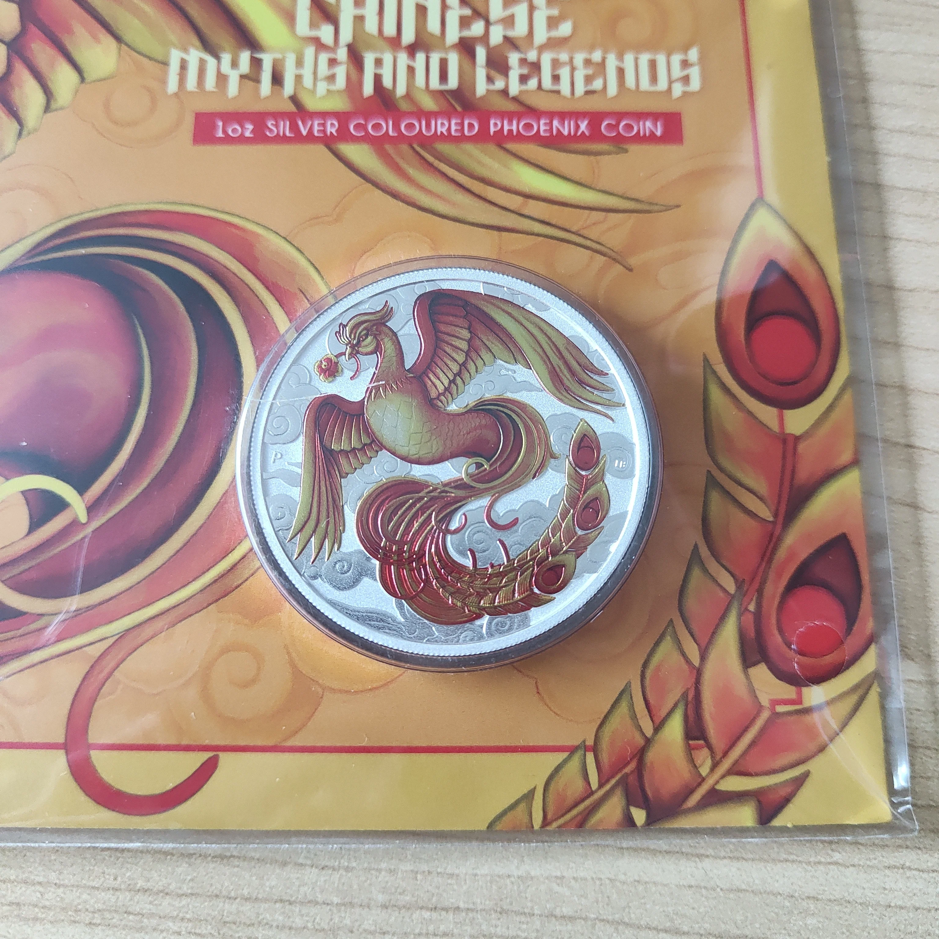 2022 Perth Mint Chinese Myths and Legends Phoenix $1 1oz Silver Red and Gold Coloured Carded Coin - Image 3