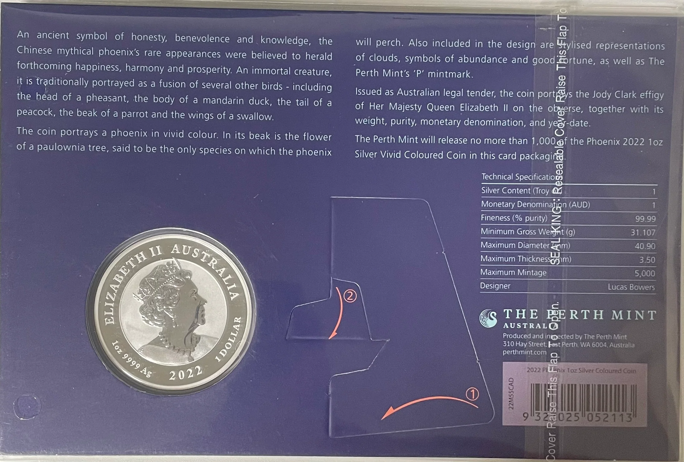2022 Perth Mint Chinese Myths and Legends Phoenix $1 1oz Silver Vivid Coloured Carded Coin - Image 2
