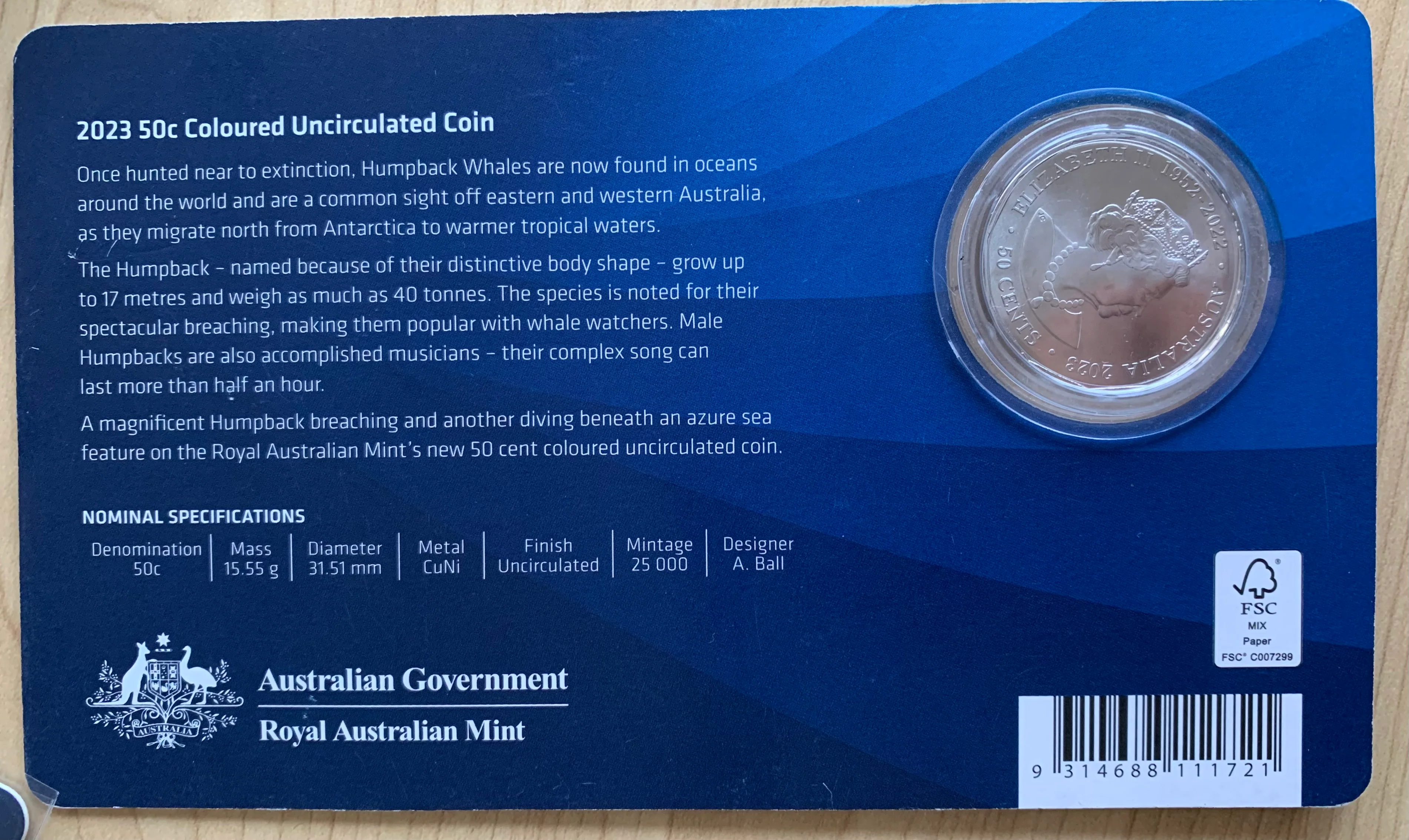 Australia 2022 RAM 50c Coloured Humpback Whale Uncirculated carded coin - Image 2