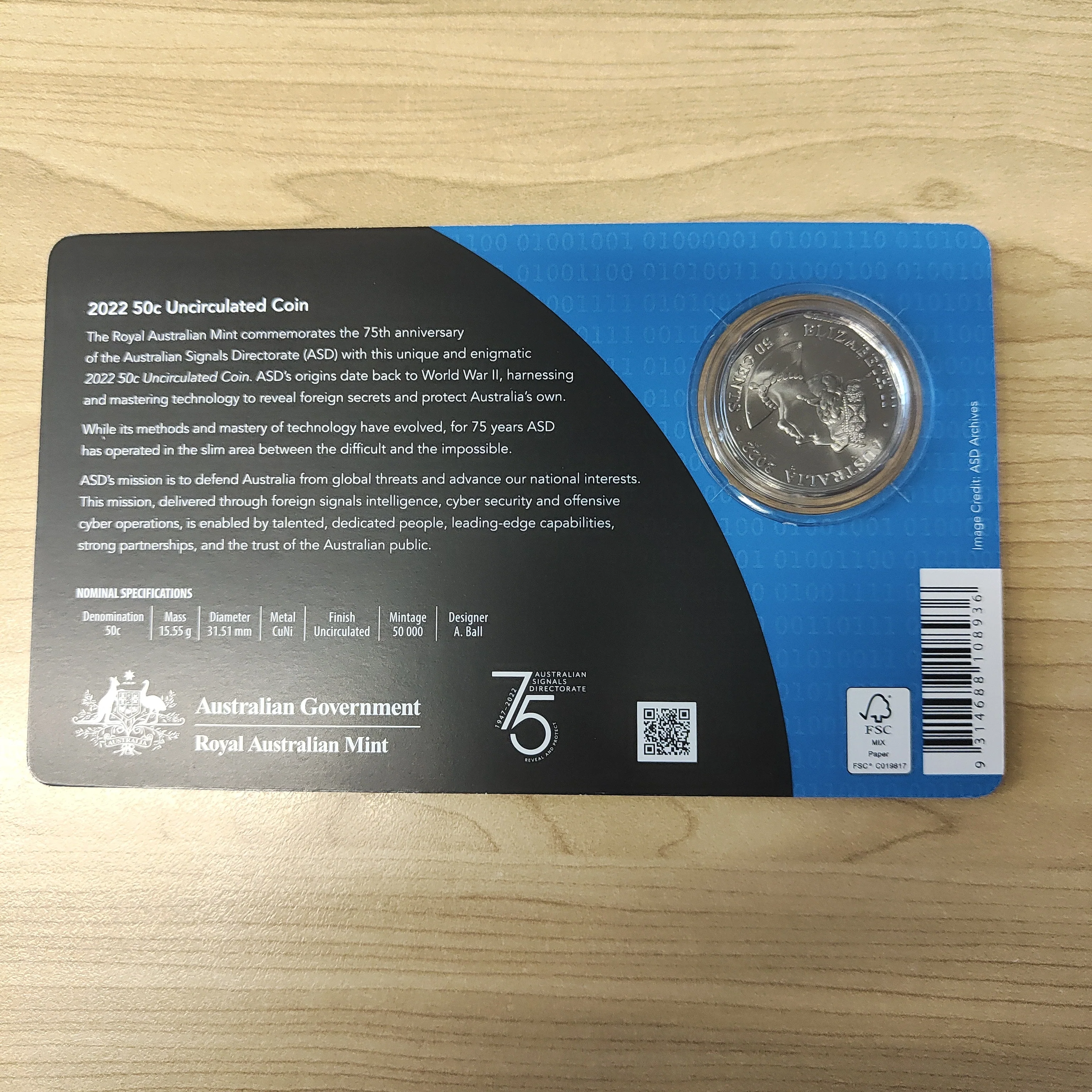 2022 RAM 75th Anniversary Australian Signals Directorie Reveal & Protect 50c Carded Uncirculated Coin - Image 2