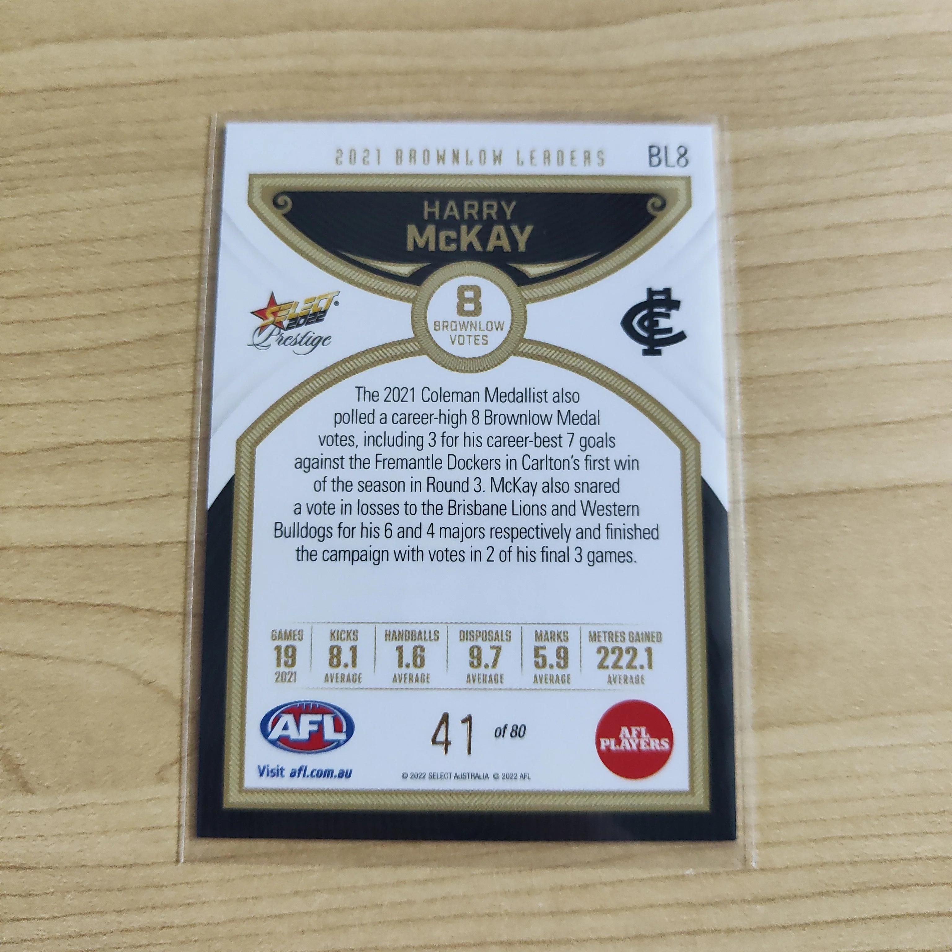 2022 Select Prestige Brownlow Leaders Harry McKay Carlton 41/80 - Image 2