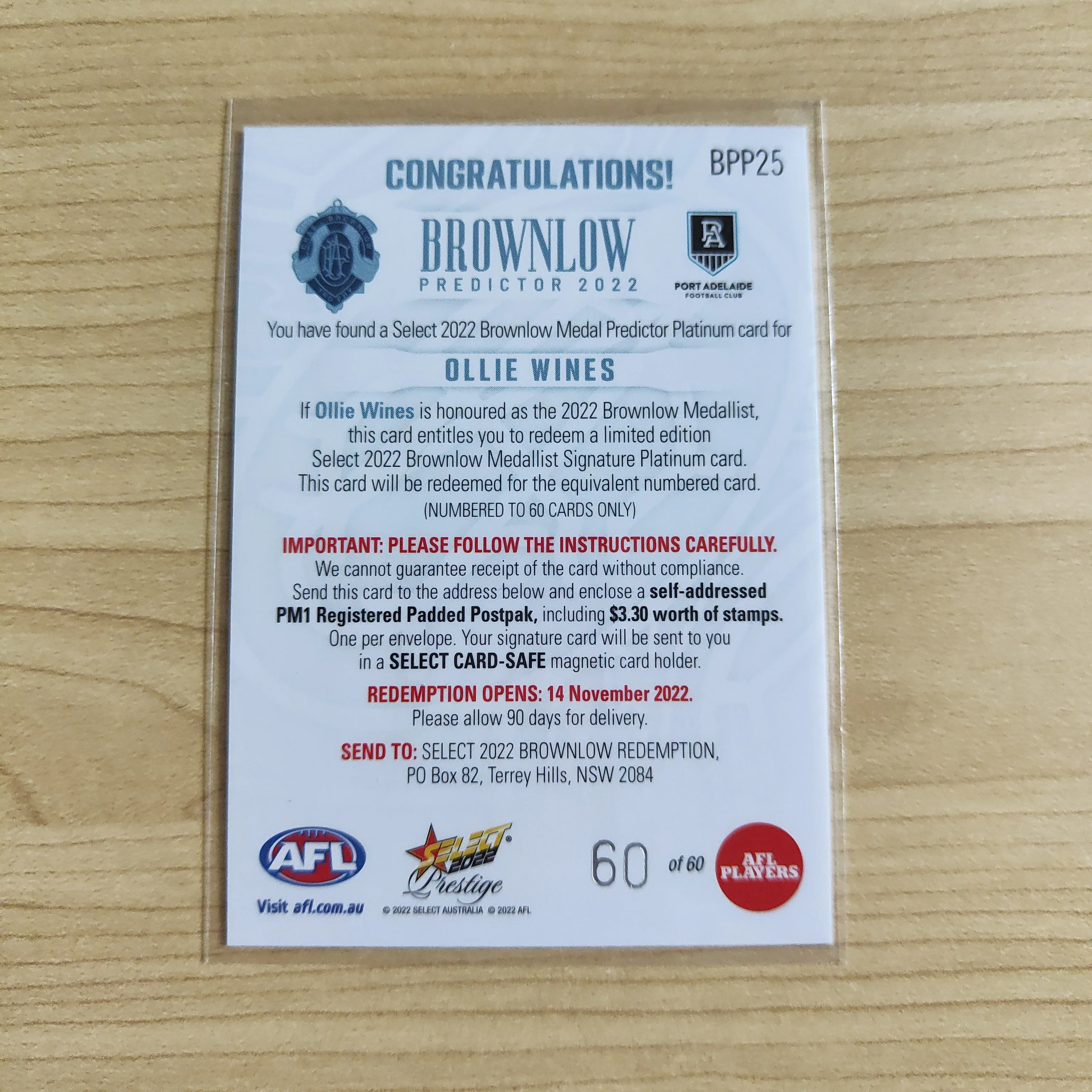 2022 Select Prestige Platinum Brownlow Predictor Ollie Wines Port Adelaide 60/60 - Image 2