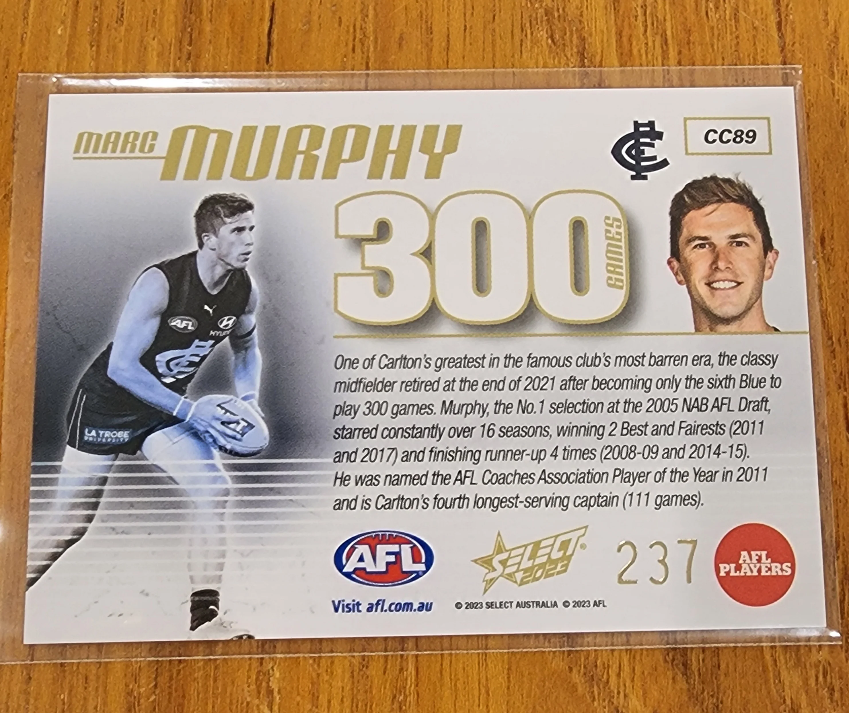 2023 AFL Select 300 games card Marc Murphy Carlton CC89 #237 - Image 2