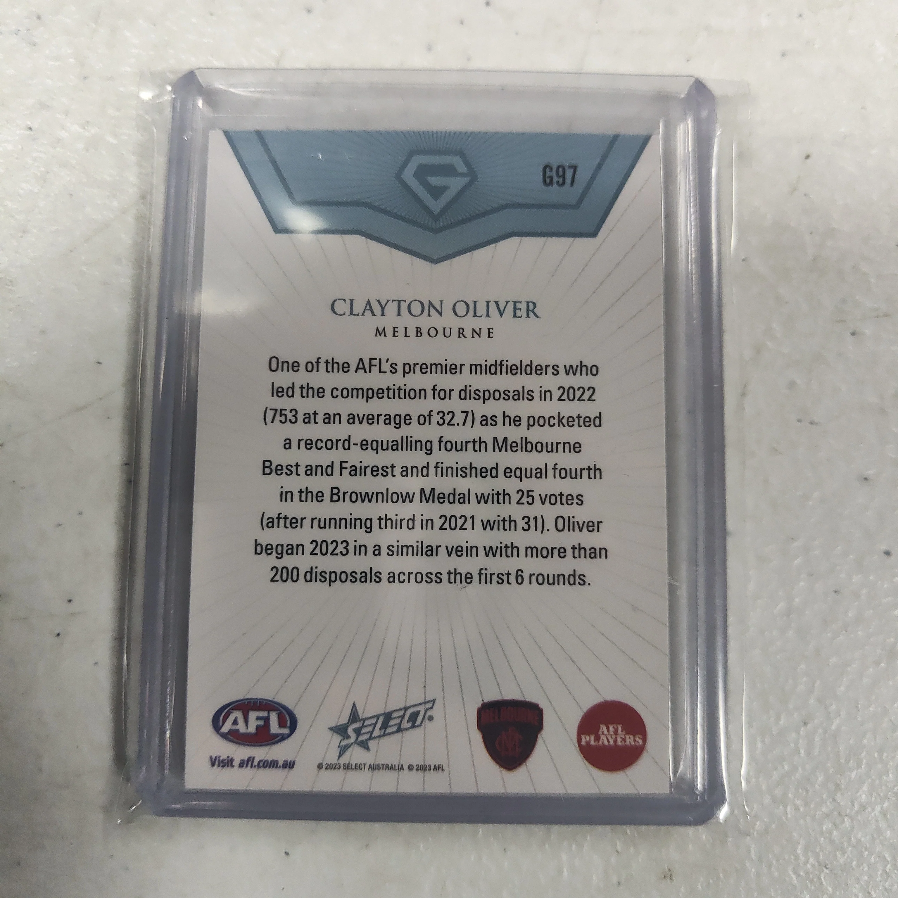 2023 AFL Select Gem Base Card Clayton Oliver Melbourne 23/90 - Image 2