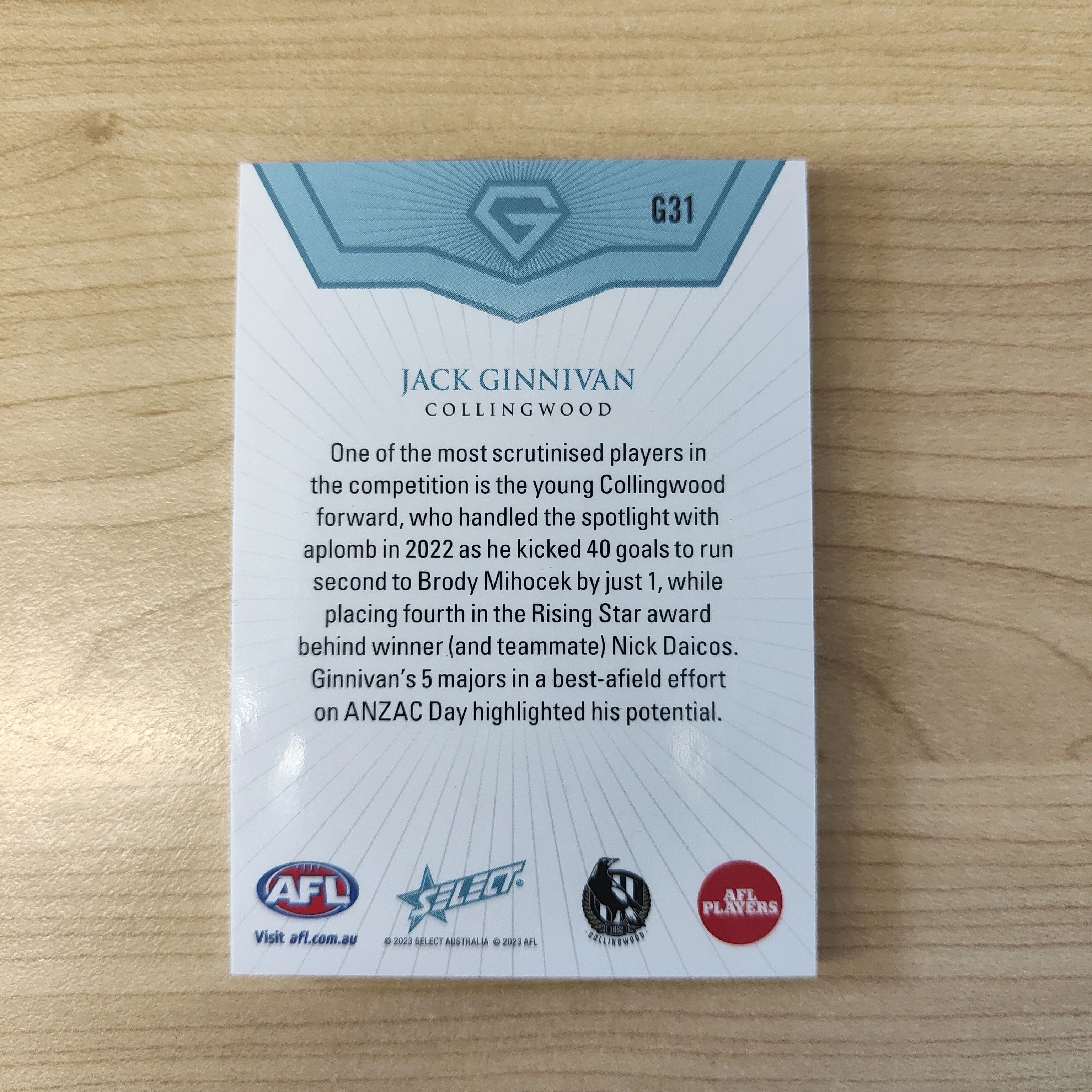 2023 AFL Select Gem Base Card Jack Ginnivan Collingwood 88/90 - Image 2