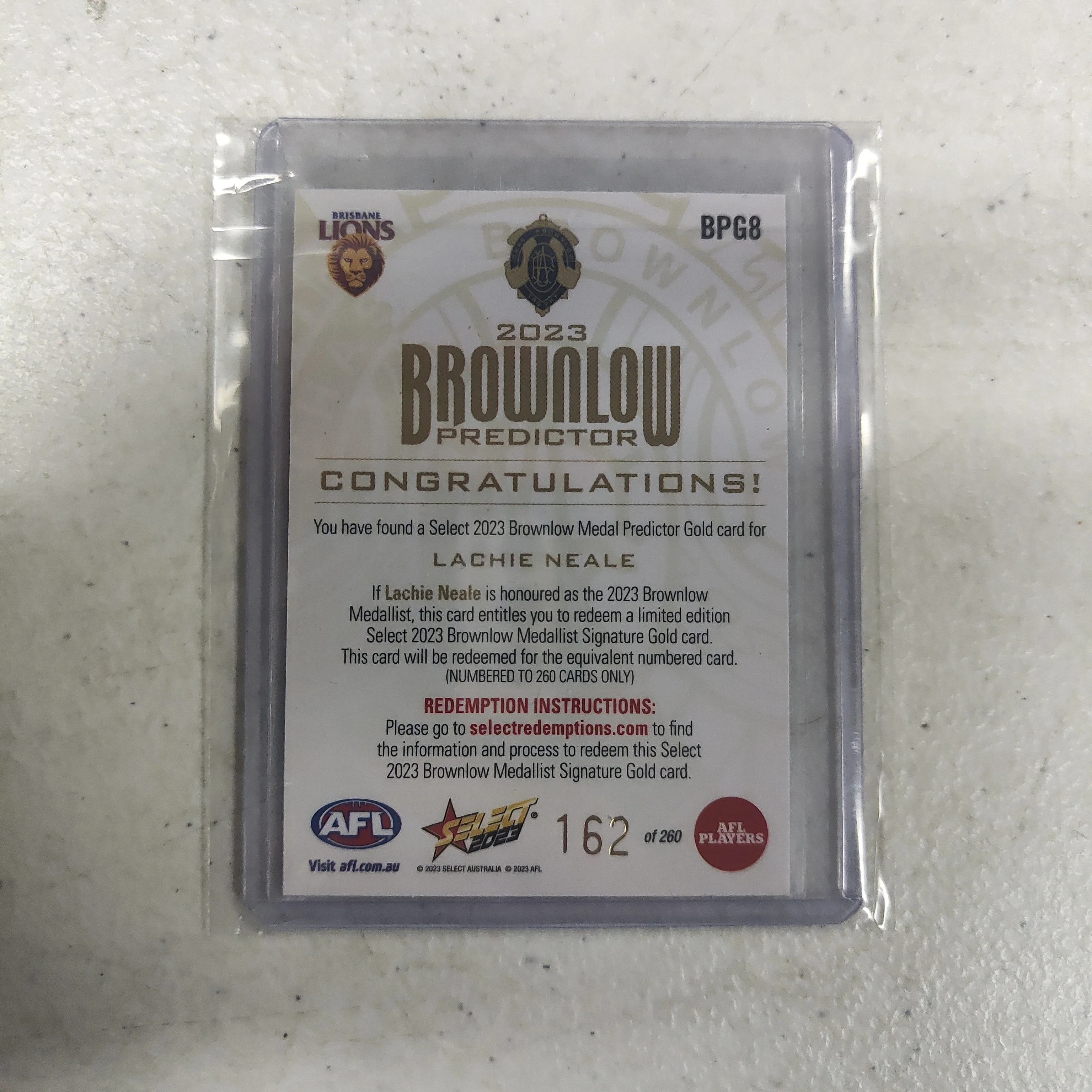 2023 AFL Select Gold Brownlow Predictor Lachie Neale Brisbane 162/260 - Image 2