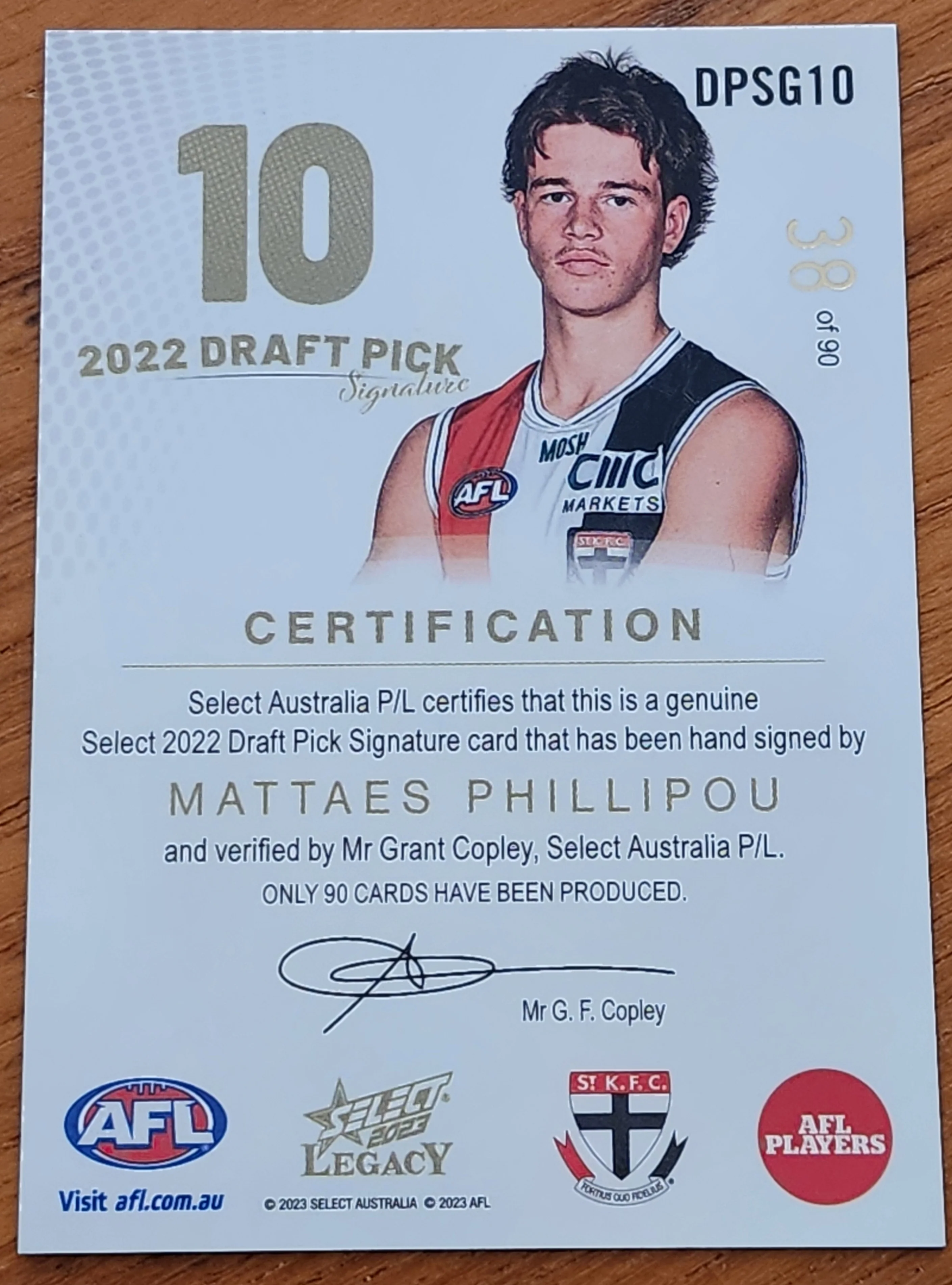 2023 AFL Select Legacy 2022 Draft Pick Signature Mattaes Phillipou St Kilda 38/90 - Image 2