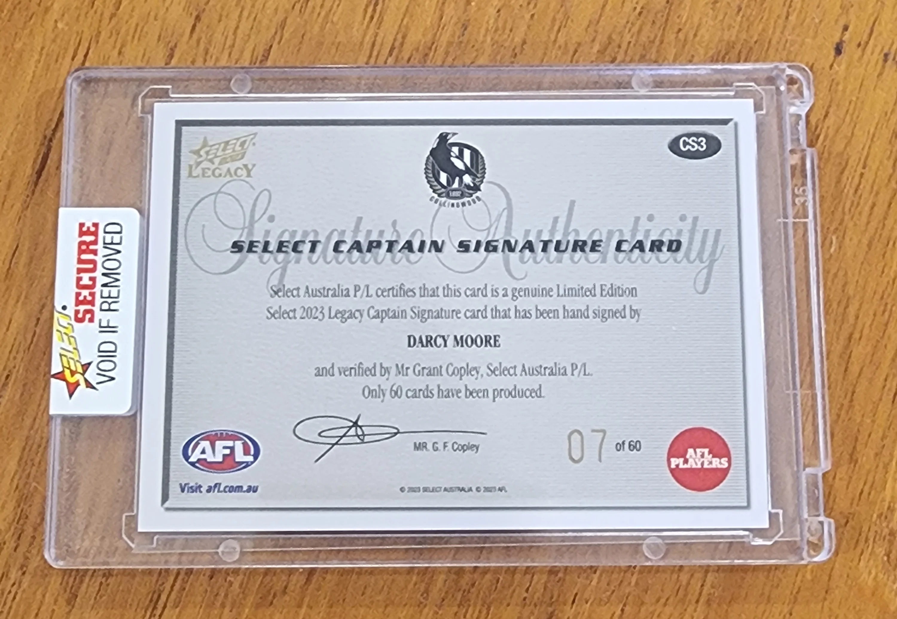 2023 AFL Select Legacy Captain Signature and Redemption Darcy Moore Collingwood 07/60 LOW - Image 2