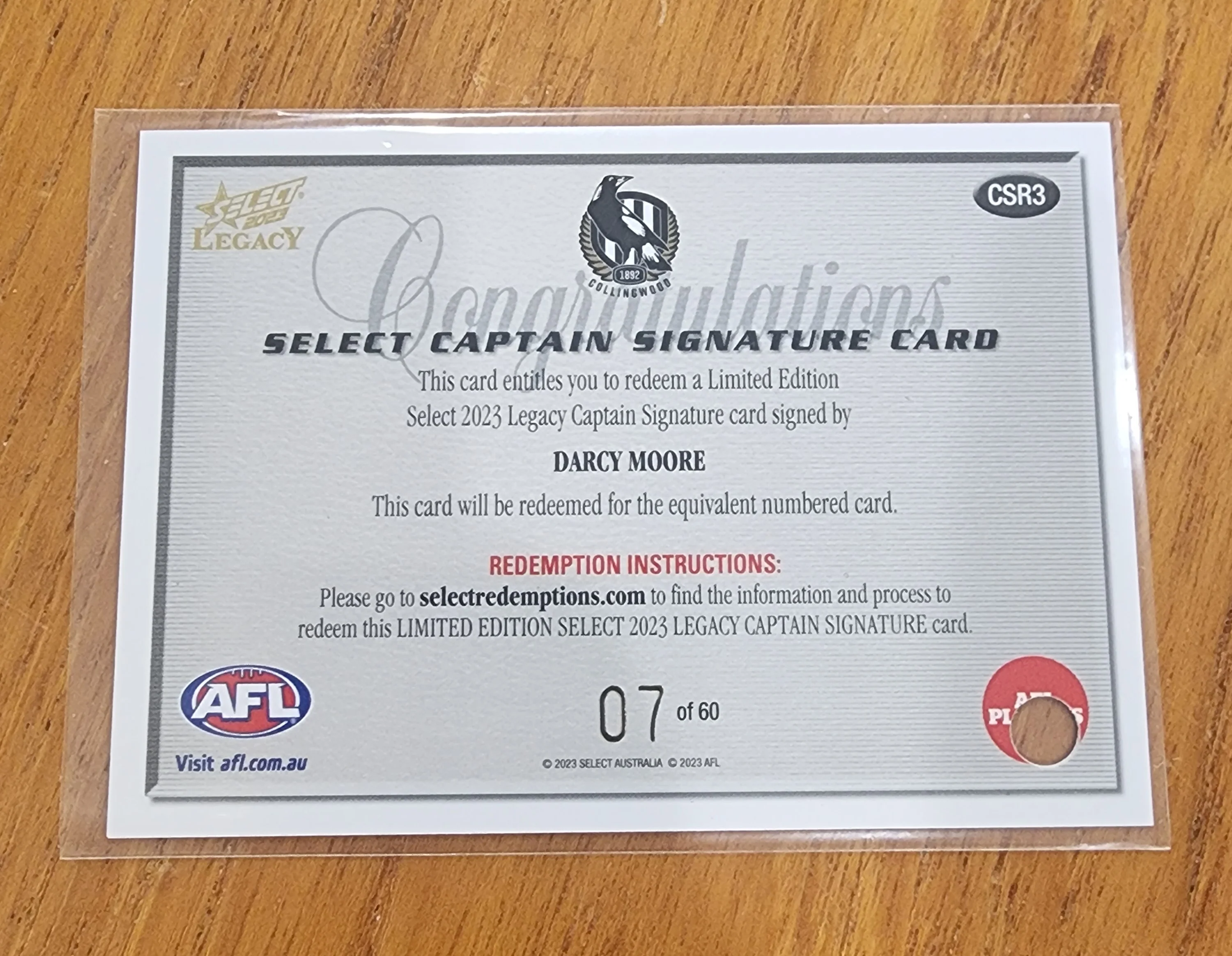 2023 AFL Select Legacy Captain Signature and Redemption Darcy Moore Collingwood 07/60 LOW - Image 4
