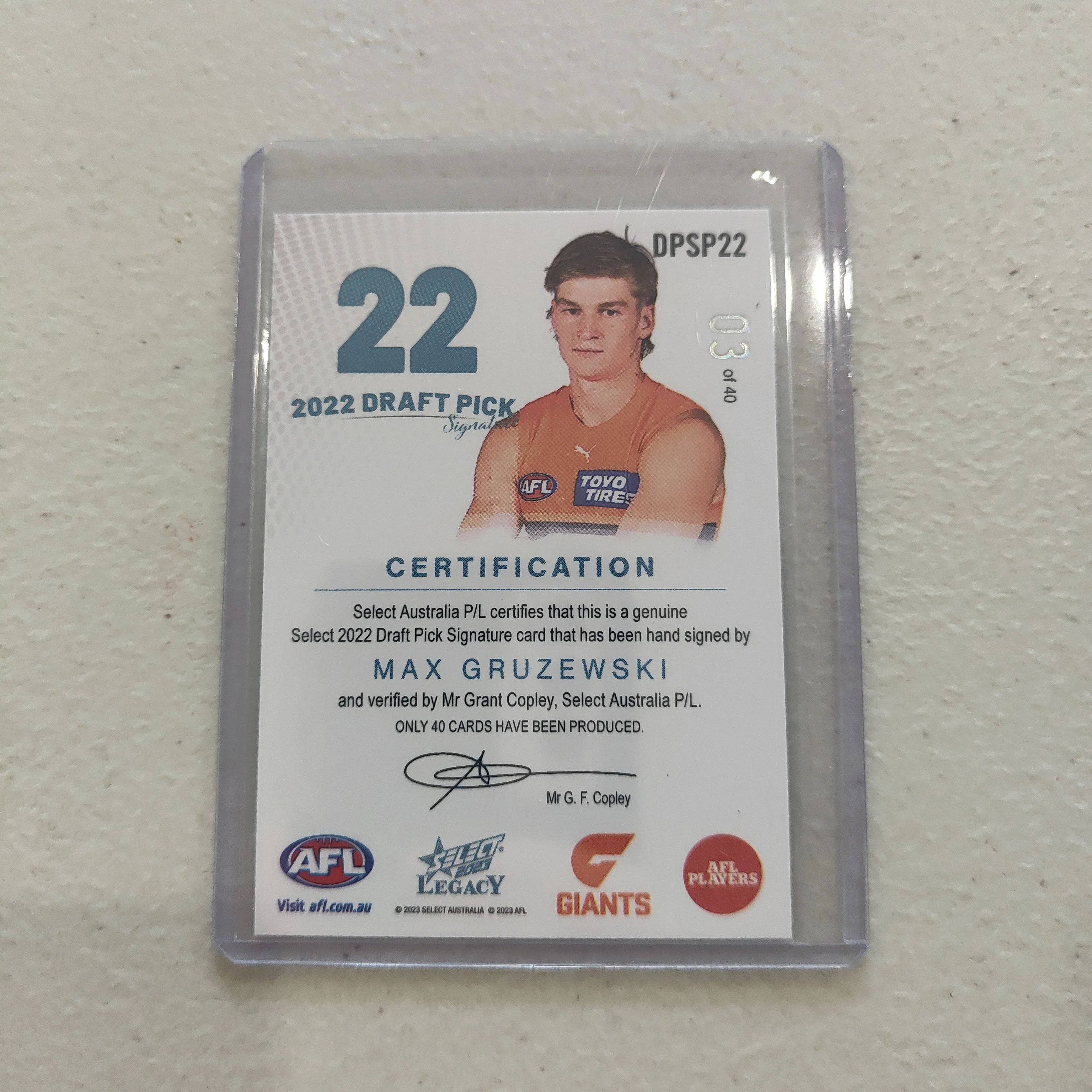 2023 AFL Select Legacy Platinum Draft Pick Signature Max Gruzewski GWS LOW NUMBER 03/40 - Image 2