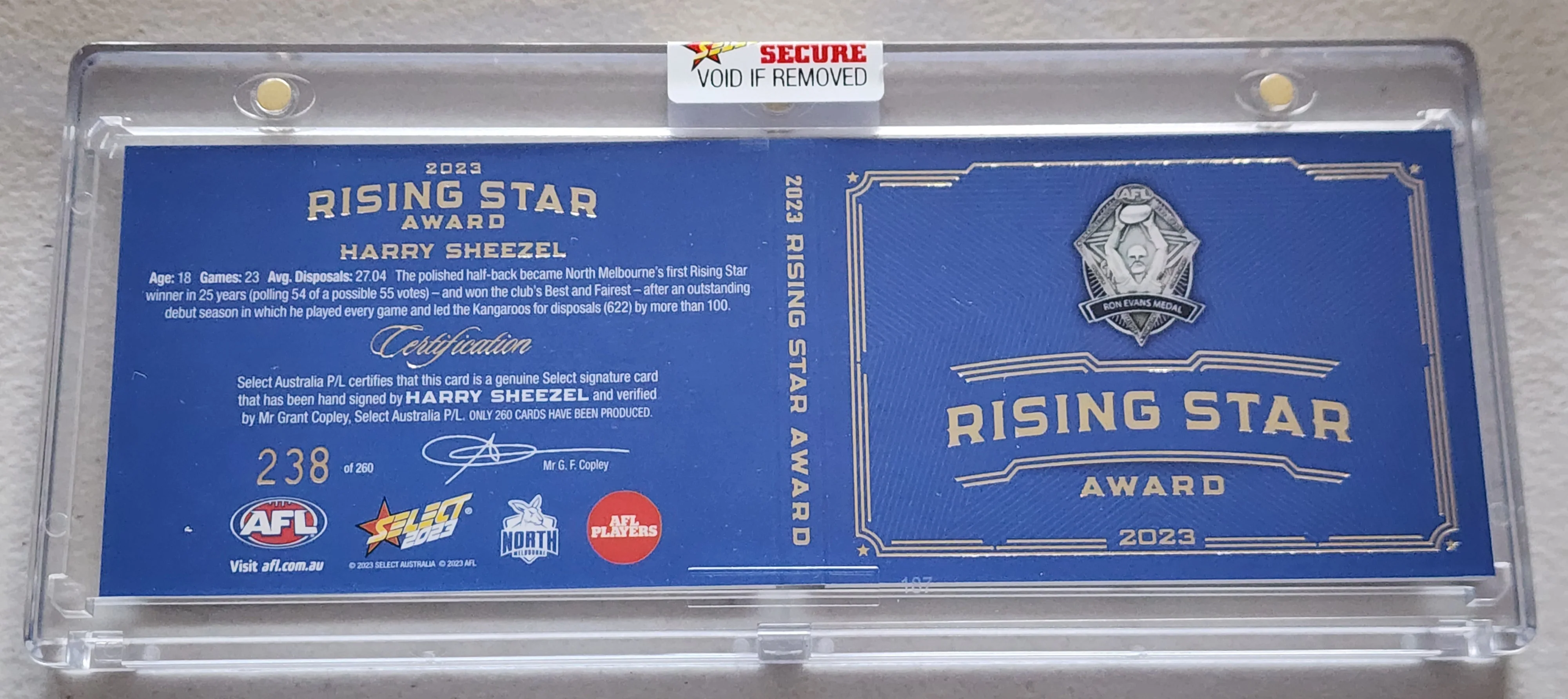 2023 AFL Select Rising Star predictor and Signature card Harry Sheezel Nth Melb 238/260 - Image 2