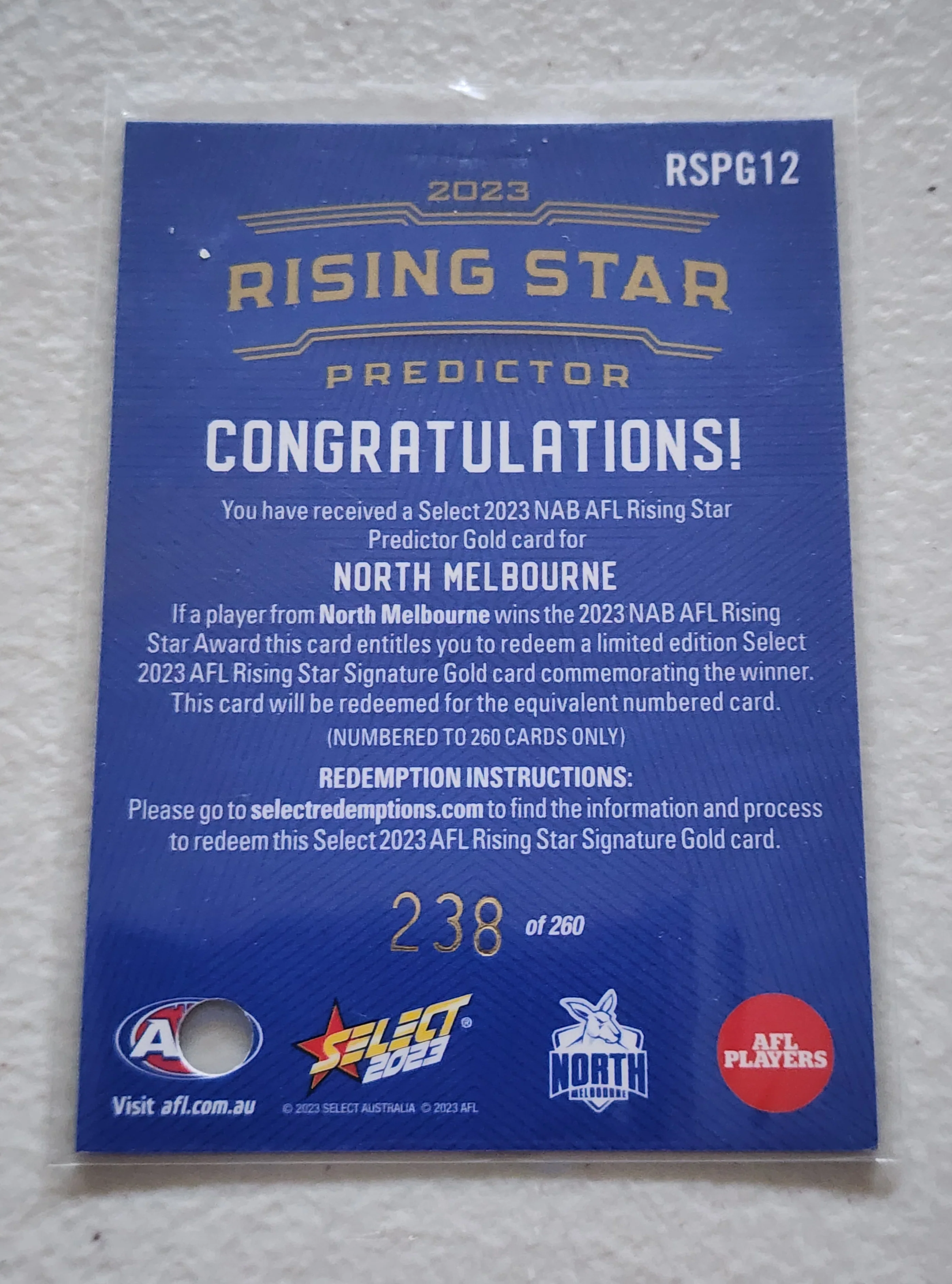 2023 AFL Select Rising Star predictor and Signature card Harry Sheezel Nth Melb 238/260 - Image 4