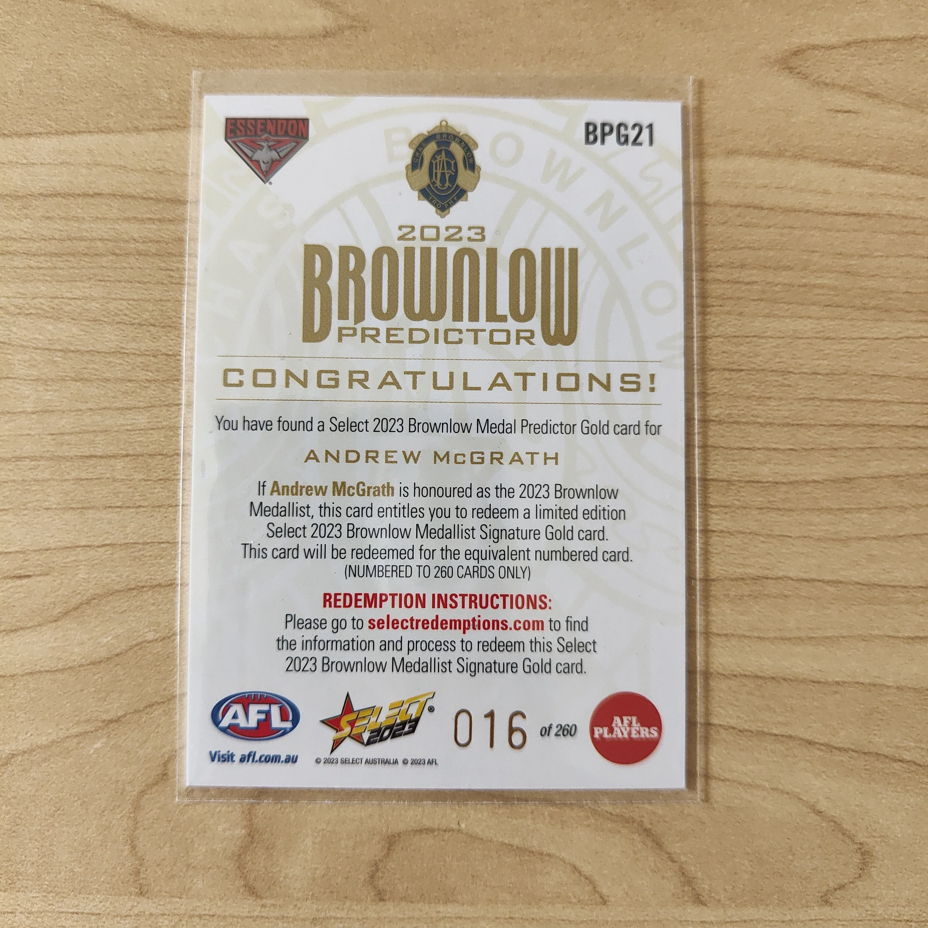 2023 Select Footy Stars Gold Brownlow Predictor Andrew McGrath Essendon 016/260 - Image 2