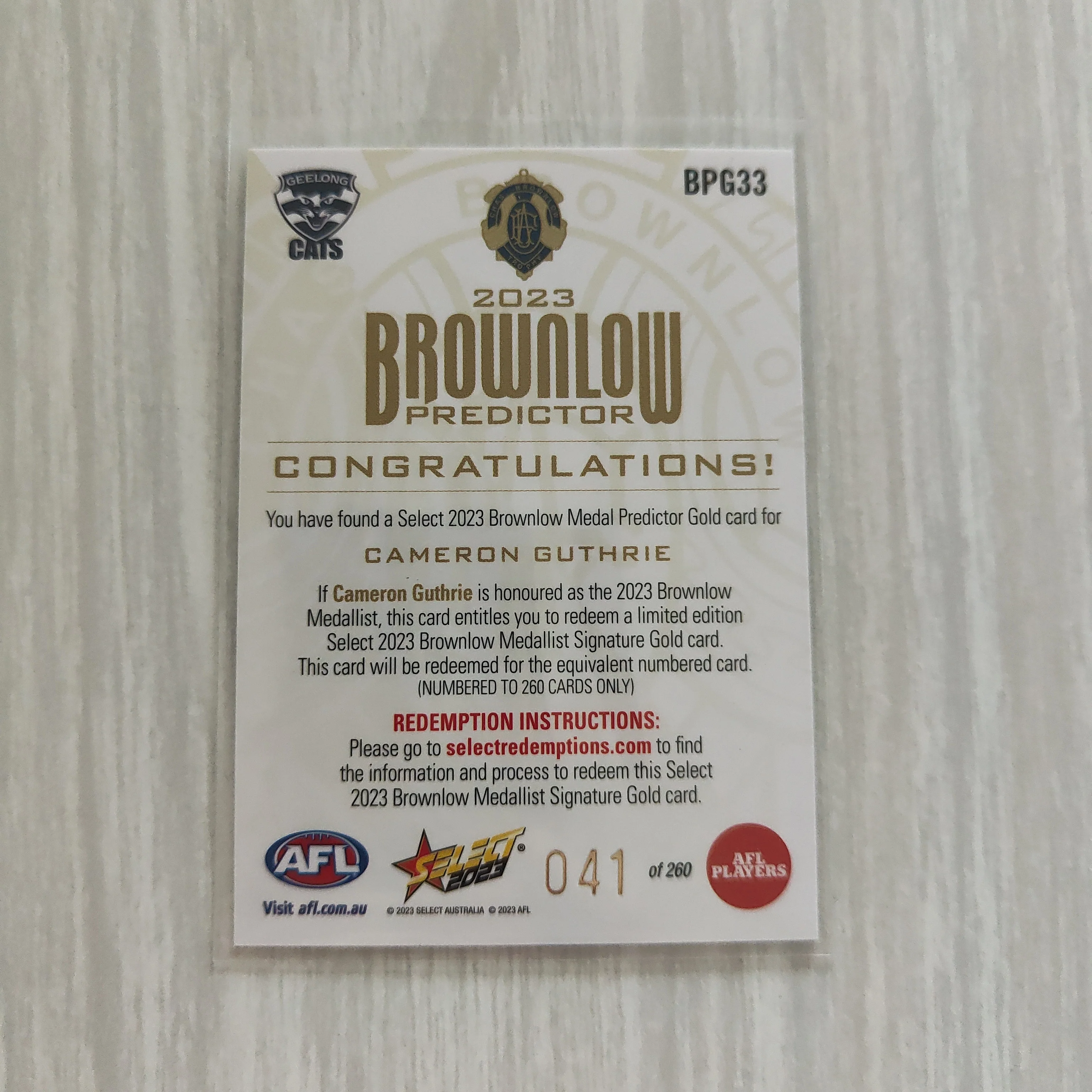 2023 Select Footy Stars Gold Brownlow Predictor Cameron Guthrie Geelong 041/260 - Image 2